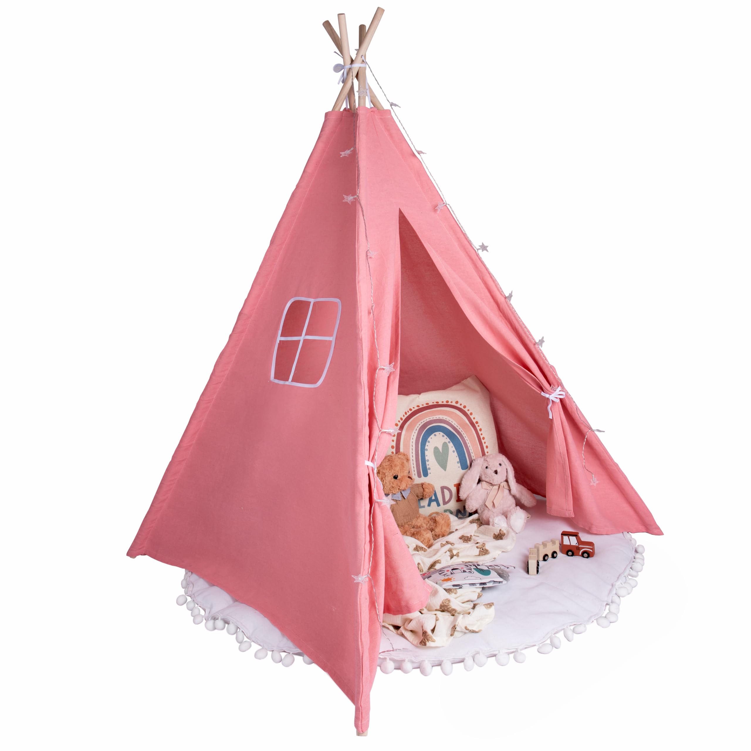 Tienda tipi rosa pálido para niños | Tienda de juego emergente para niñas y niños 140 x 120 cm lona de algodón con estrellas luminosas y accesorios de alfombra
