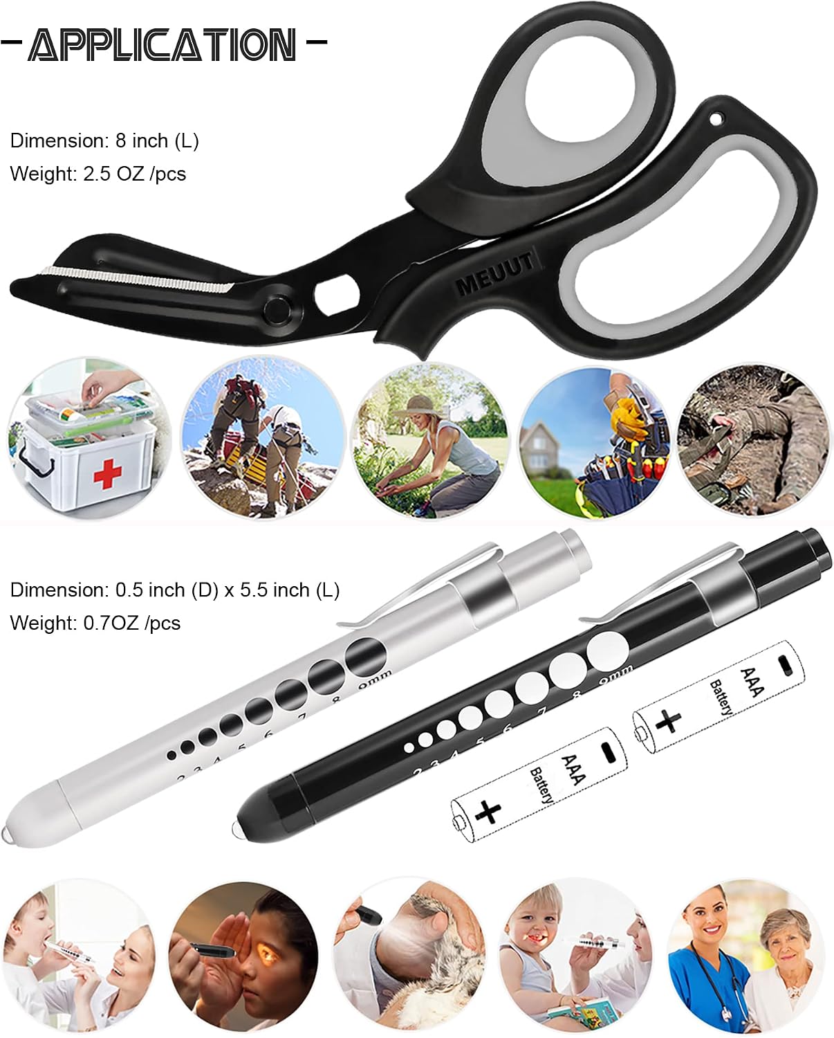 MEUUT 3 Pack Medical Scissors and PenLights with 4 AAA Batteries for Nurses