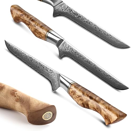 Vista 42 de HEZHEN Juego de cuchillos de cocina de 7 piezas, cuchillo de chef profesional de acero de Damasco de alto carbono, Santoku, pan, utilidad, cuchillos