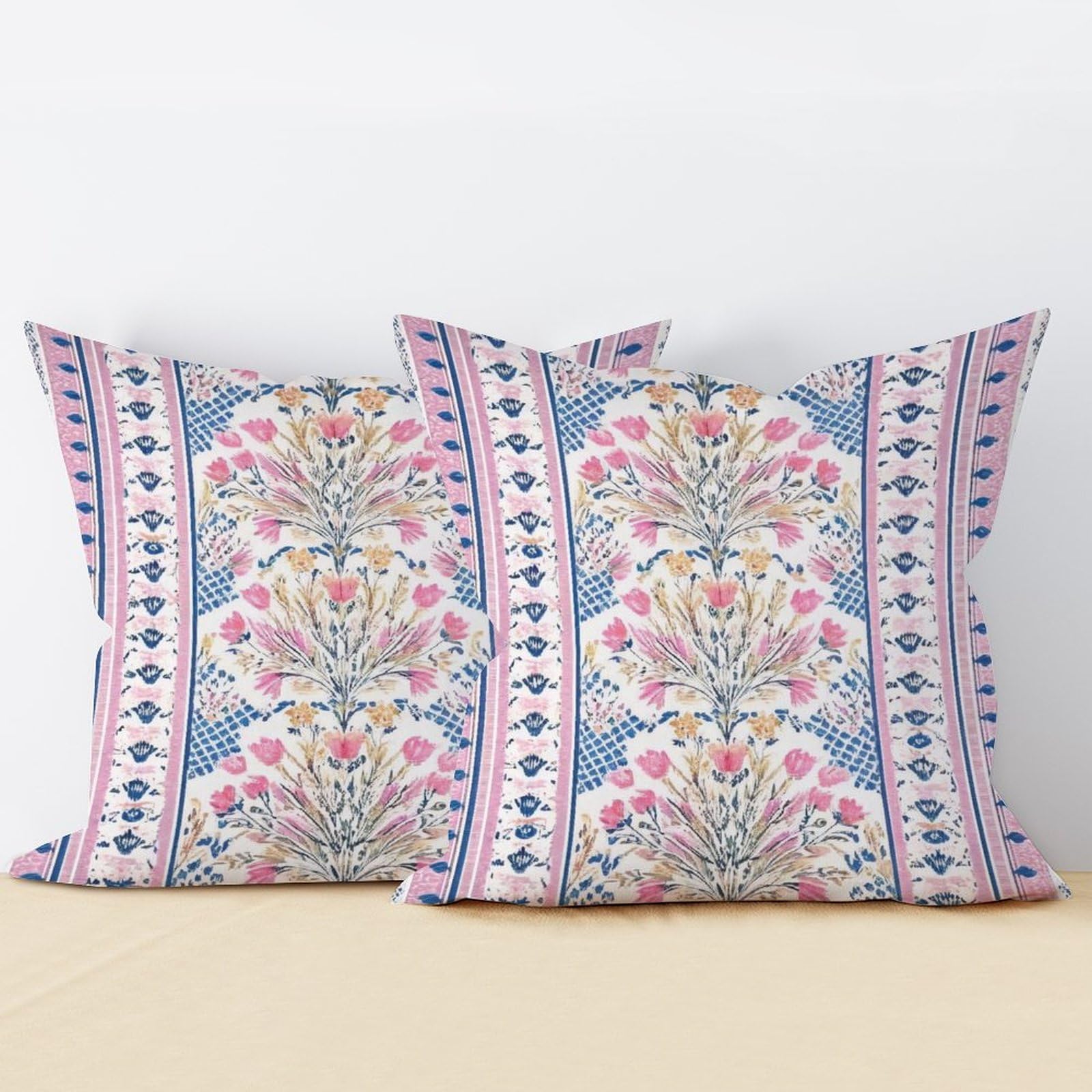 ArogGeld Pack of 2, Chinoiserie Pillow Cover 22x22in Pink and Blue Geometric Flower Pillow Covers French Cairo Floral Watercoalor Euro Sham Pillow