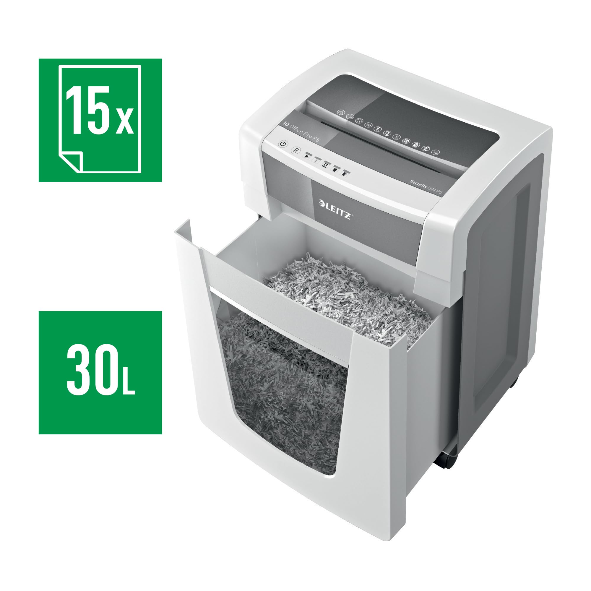 Leitz IQ Distruggidocumenti Office Pro P5, 15 fogli A4, Taglio micro, Sicurezza P5, Capacità 30 litri, Tecnologia anti-inceppamento, Tecnologia Touch-Control, 80050000
