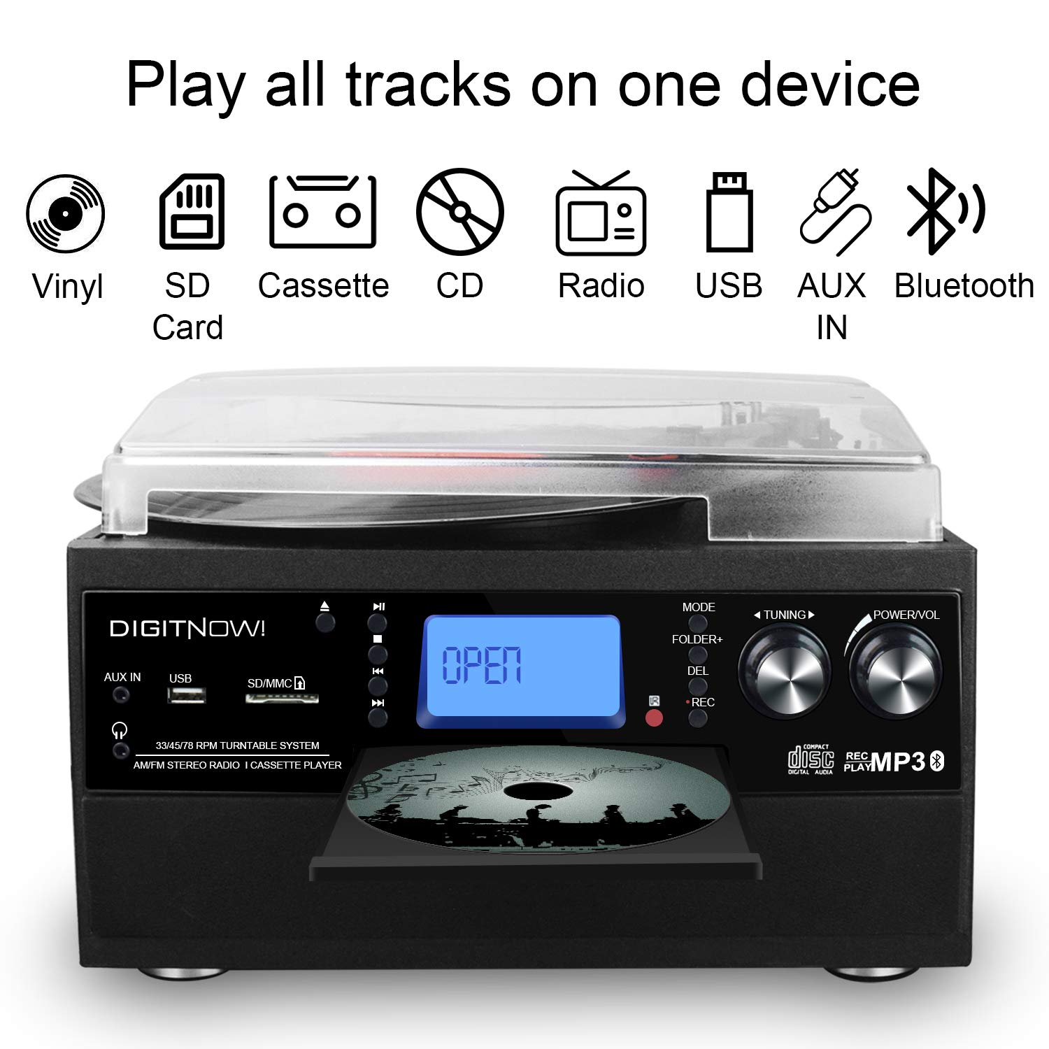DIGITNOW! Bluetooth Viny Record Player Turntable, CD, Cassette, AM/ FM