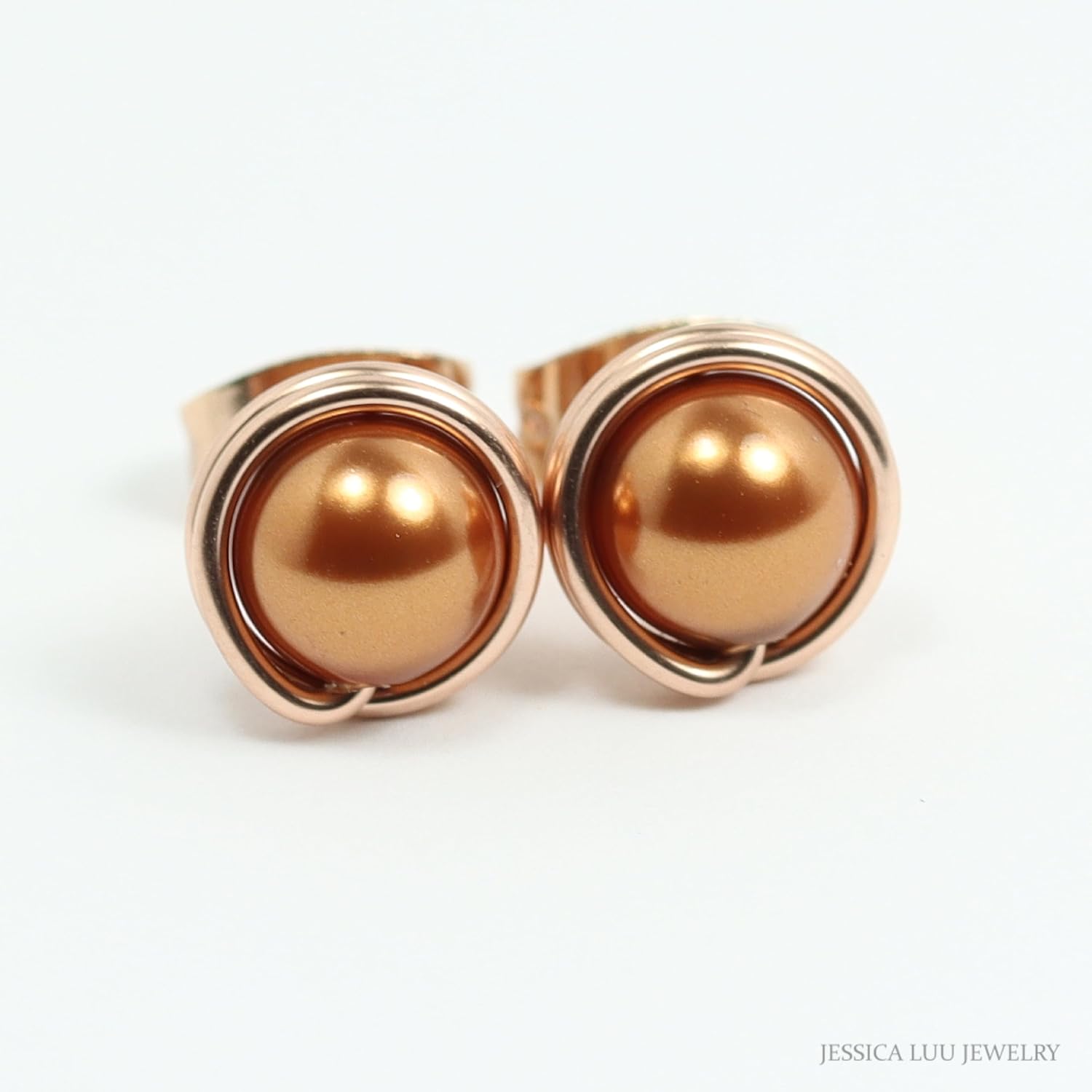 Jessica Luu Jewelry Rose Gold Copper Pearl Stud Earrings Wire Wrapped Handmade