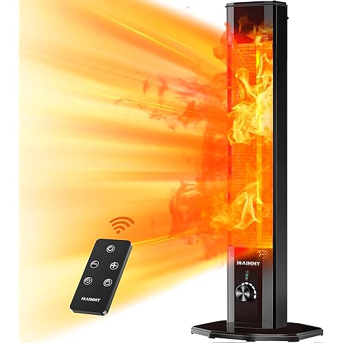 Outdoor Electric Patio Heater, Haimmy 42in Infrared Heater with Remote, 9 Heat Levels, 9H Timers, 1500W Instant Heating, Safety Lock, Tip-Over & Overheat Protection, IPX5 Waterproof Tower Space Heater