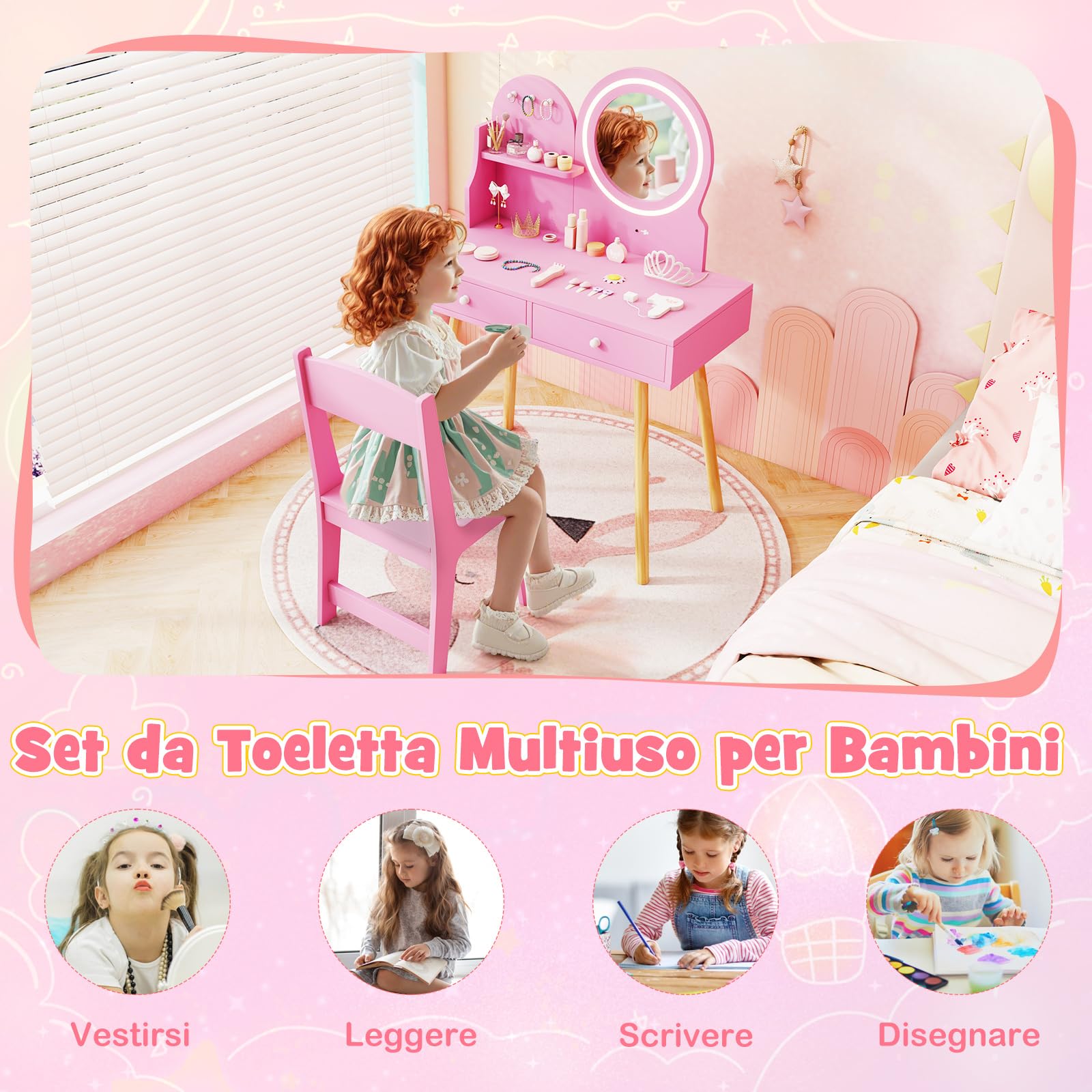 COSTWAY Toeletta Trucco Bambina da Principessa con Specchio Illuminato