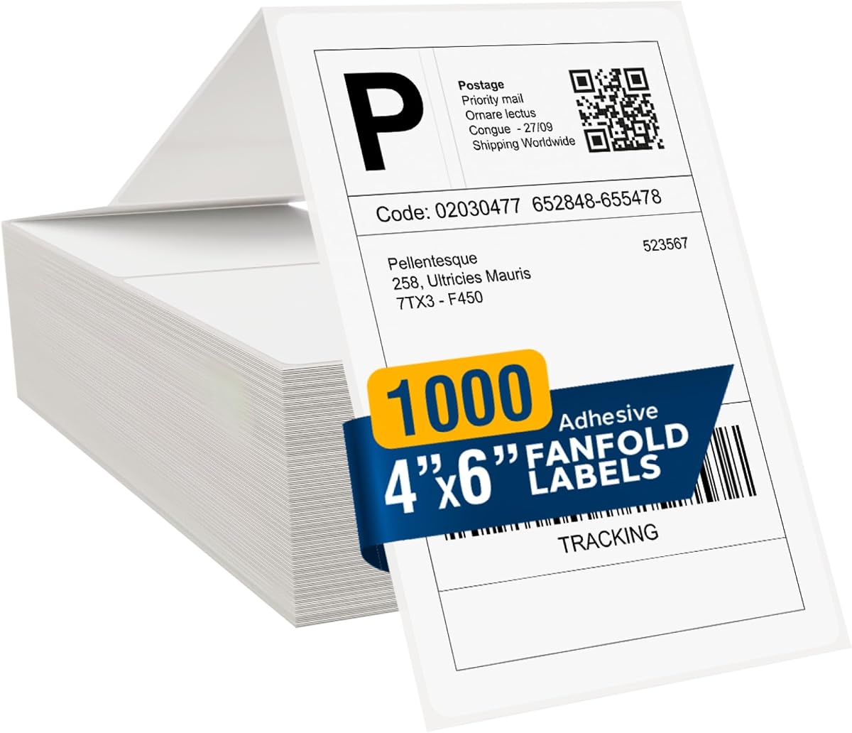 Direct Thermal Labels - 4x6 Shipping Labels, Fanfold Label Paper - Thermal Printer Labels for USPS, FedEx, UPS (1000)