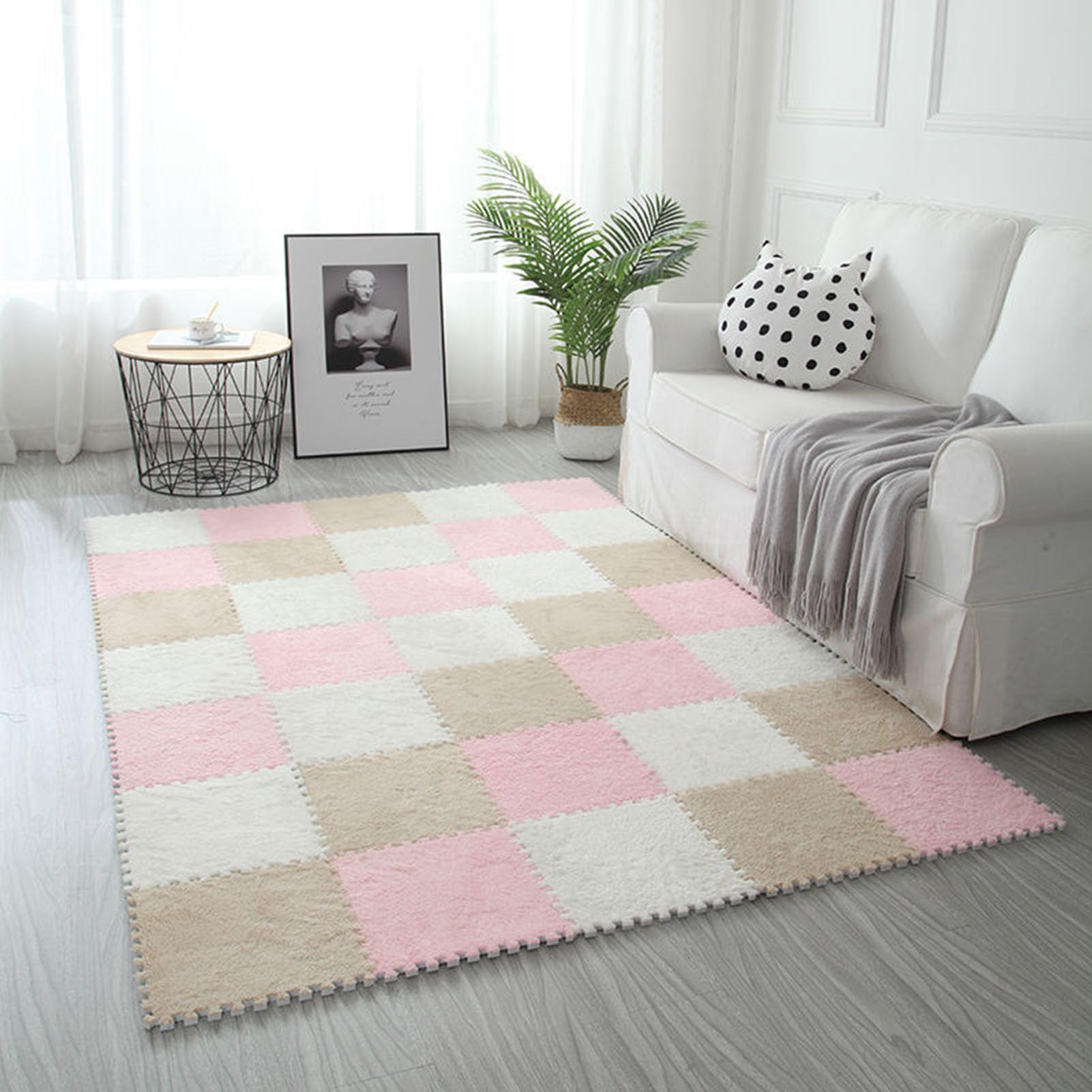 Schaumstoff-Spielmatte, Plüschschaumstoff-Puzzle-Spielmatte, 9er-Pack, Mehrfarbig, 30 x 30 x 1 cm(White+Apricot+Pink)