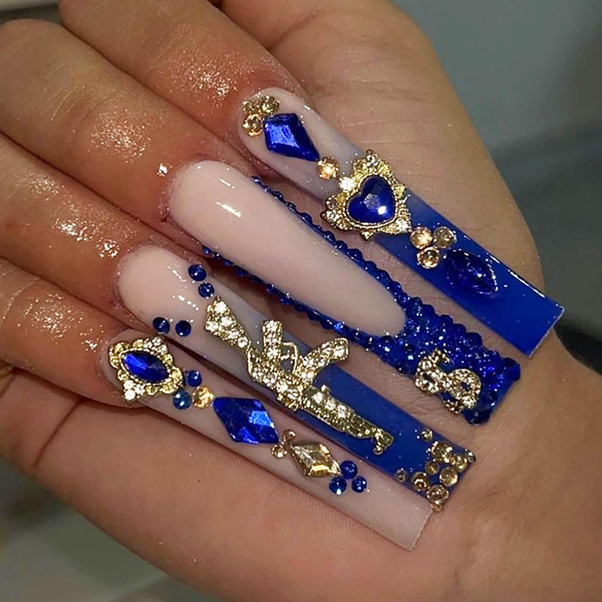 Square Press on Nails Long RTKHFZE Xl Fake Nails Blue French Tip False Nails Ombre Glue on Nail with Designs Nails Charm and Rhinestones Acrylic Stick