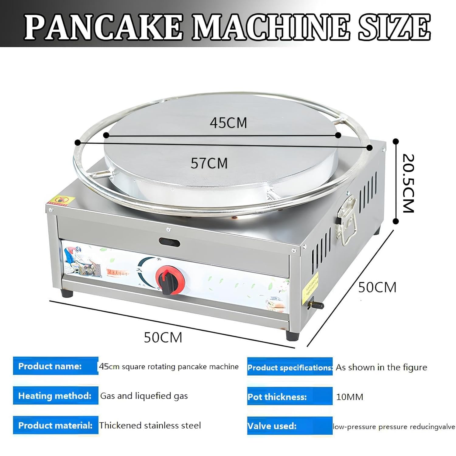 Macchina commerciale per crepe, piastra elettrica antiaderente con spatola in legno e spalmatrice, diametro pentola 45 cm e spessore vaso 10 mm, superficie antiaderente per gas GPL