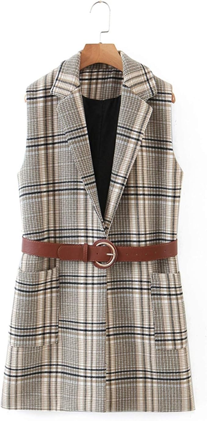 Women Khaki Plaid Pattern Long Vest 