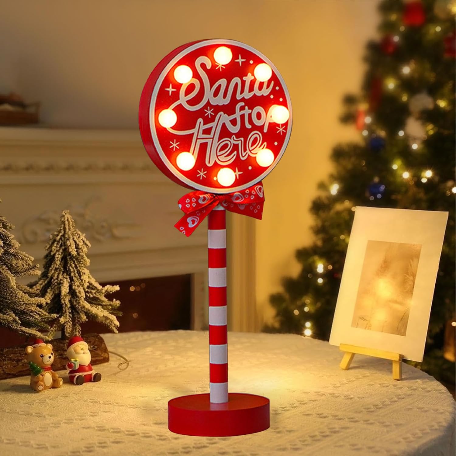 Lighted Santa Stop Here Sign - LED Desk Decoration for Warm Christmas Ambience, for Holiday Parties and Home Decor