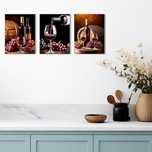 Miniatura 4 de QIXIANG Lienzo de cocina de 3 piezas de vidrio de uva de vino tinto con barril de madera, impresiones para dormitorio, restaurante, bar, decoración