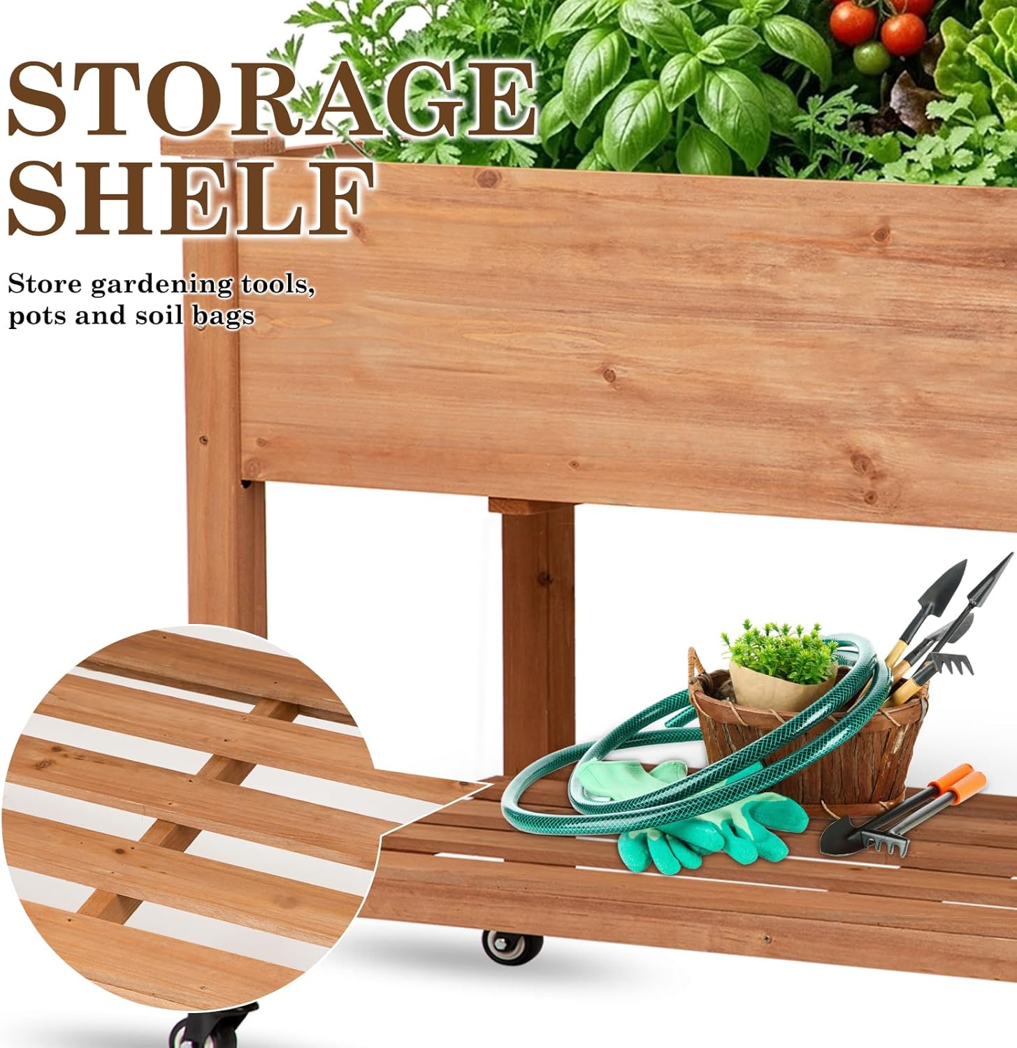 Raised Garden Bed with Lockable Wheels, 48x24x32 inch Elevated Wood Planter with Storage Shelf Protective Liner for Vegetable Flower Herb Outdoor Balcony Patio Backyard, Brown