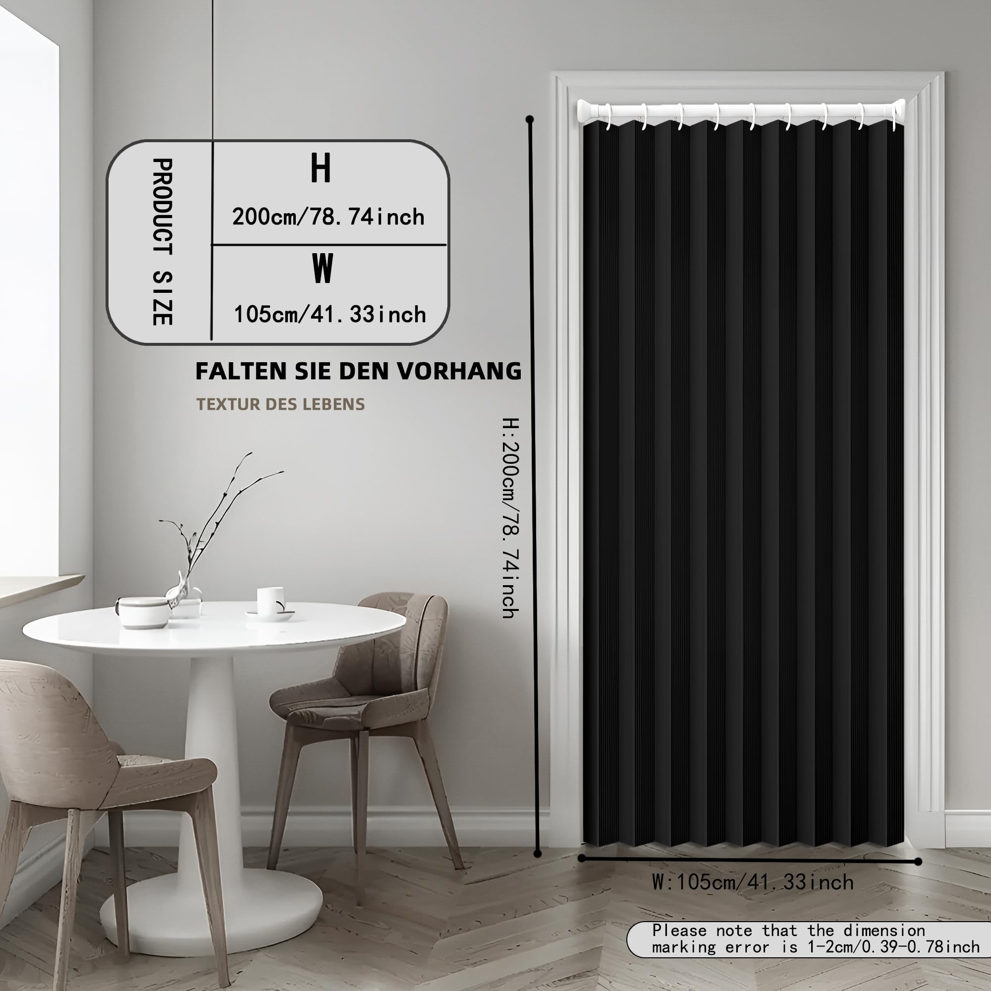 Rideau de porte magnétique avec occultation, séparateur d'espace pliable pour salle de bain/chambre/salon, design accordéon (Noir)'