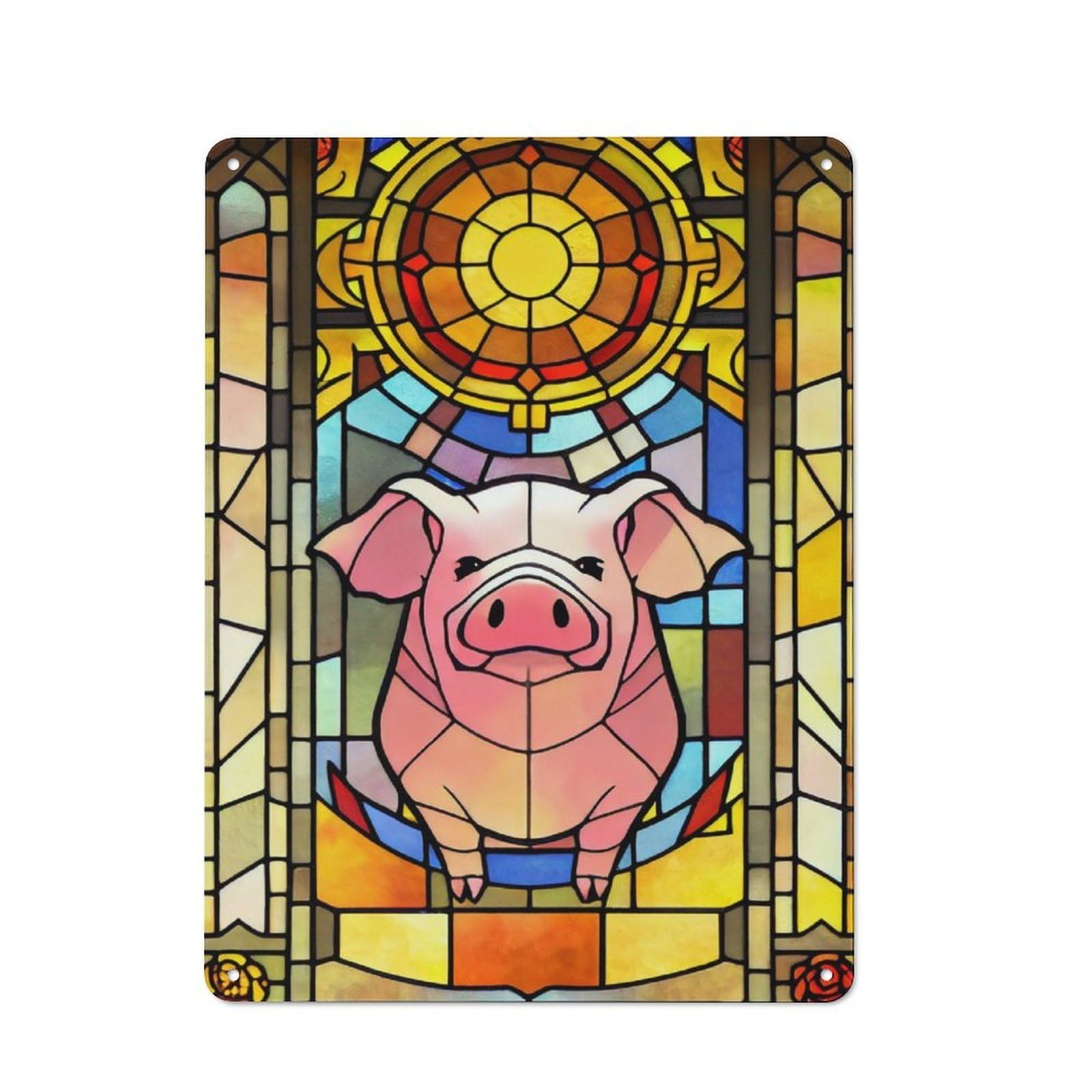 Junmoney Style-3 Stained Glass Pig Window Art Vintage Printed Metal Sign 40X30cm For Workshop Wall, A Decorative Gift For A Newly Furnished Workshop