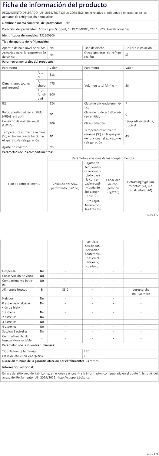 Beko TS190030N - Frigorifero Sottotavolo, Statico, 38 dBA, 88L, Bianco, 47.5 x 81.8 x 50 cm [Classe di efficienza energetica F]