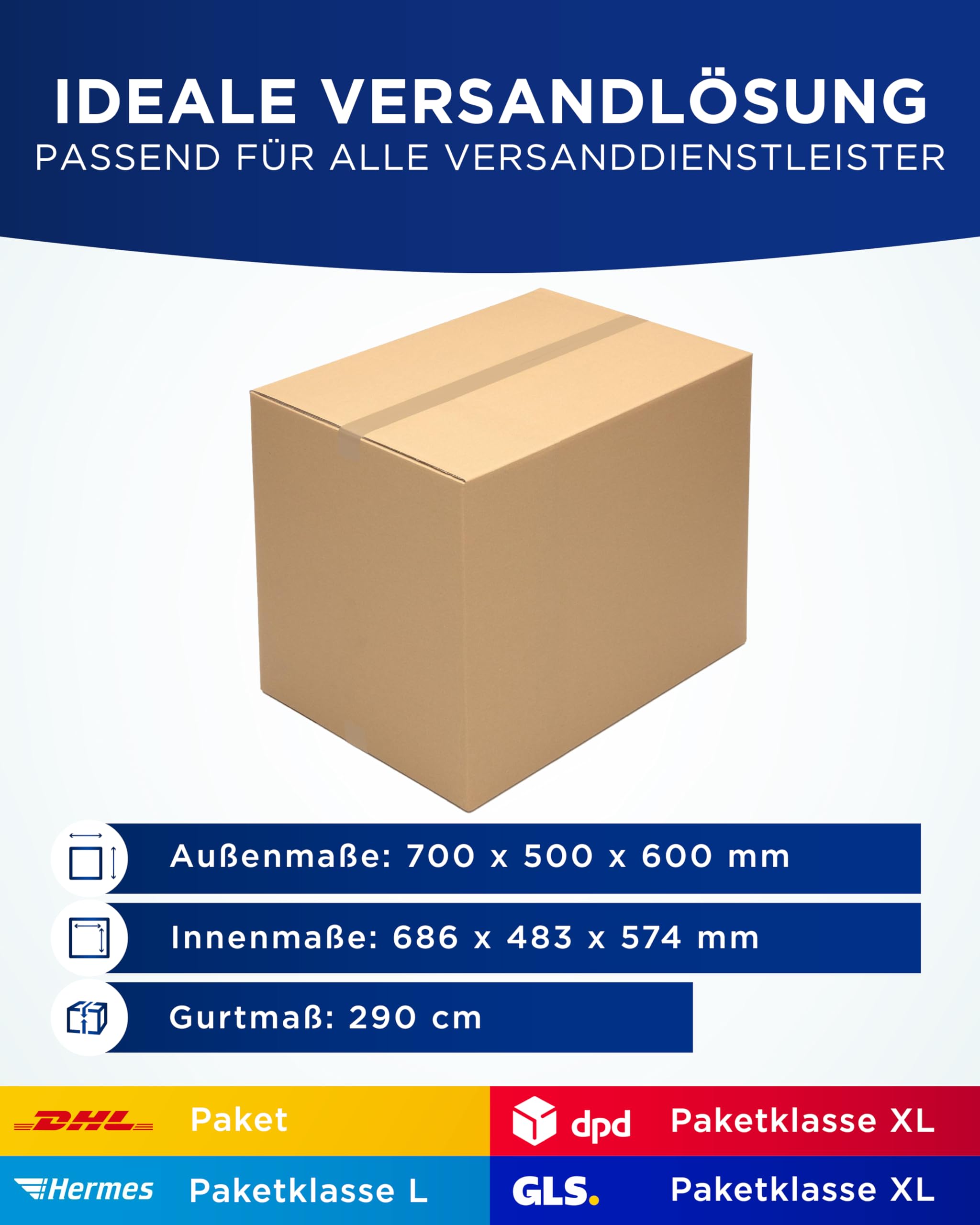 KK Verpackungen Versandkartons 700 x 500 x 600 mm Braun 2-wellig (Innenmaß 686 x 483 x 574 mm) | 10 Stück, Faltkartons Kartons für Versand als DHL Paket Hermes Paketklasse L DPD GLS Paketklasse XL