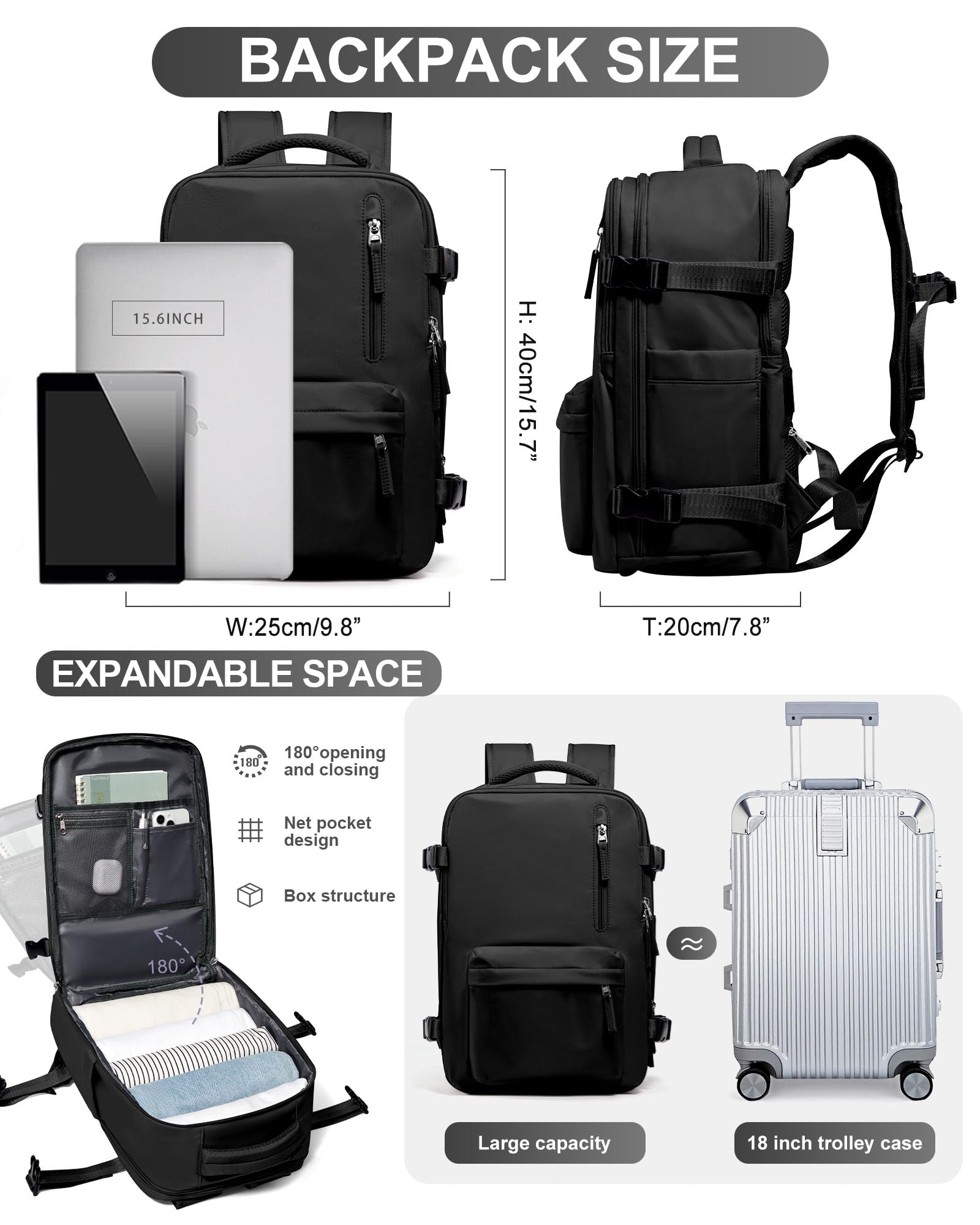 Zaino da Viaggio per Ryanair 40x20x25 Bagaglio a Mano Zaino Borse da Cabina per Ryanair Il Sedile Zaino Aereo Bagaglio a Mano Donna Borsa Cabina Viaggio Zaino Travel Viaggio Casual Daypack,G1-Nero