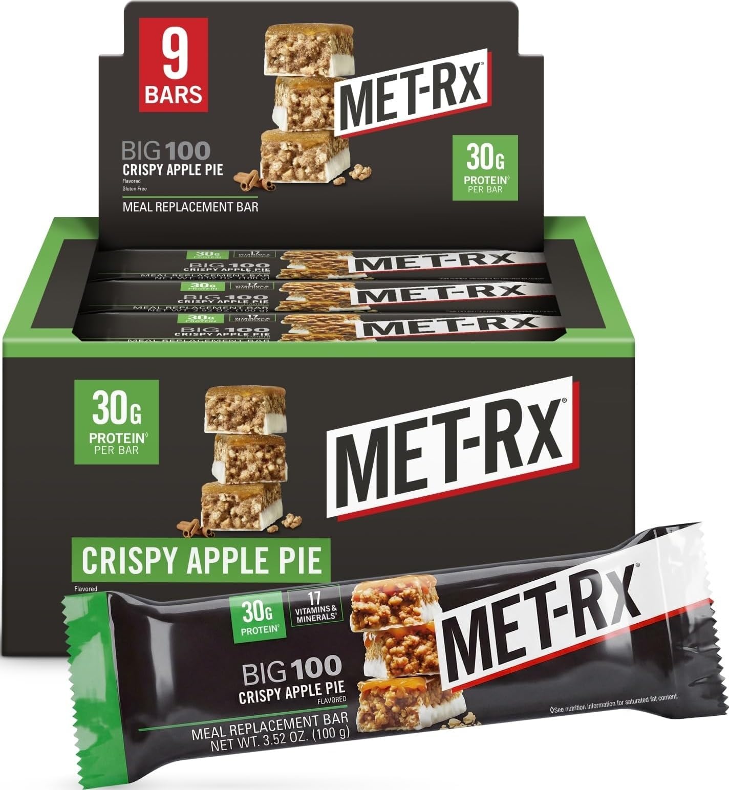 MET-Rx Big 100 Colossal Protein Bars, Crispy Apple Pie, 9 Ct | Great as Healthy Meal Replacement, Snack, and Help Support Energy, With Vitamin A, Vitamin C, and Zinc