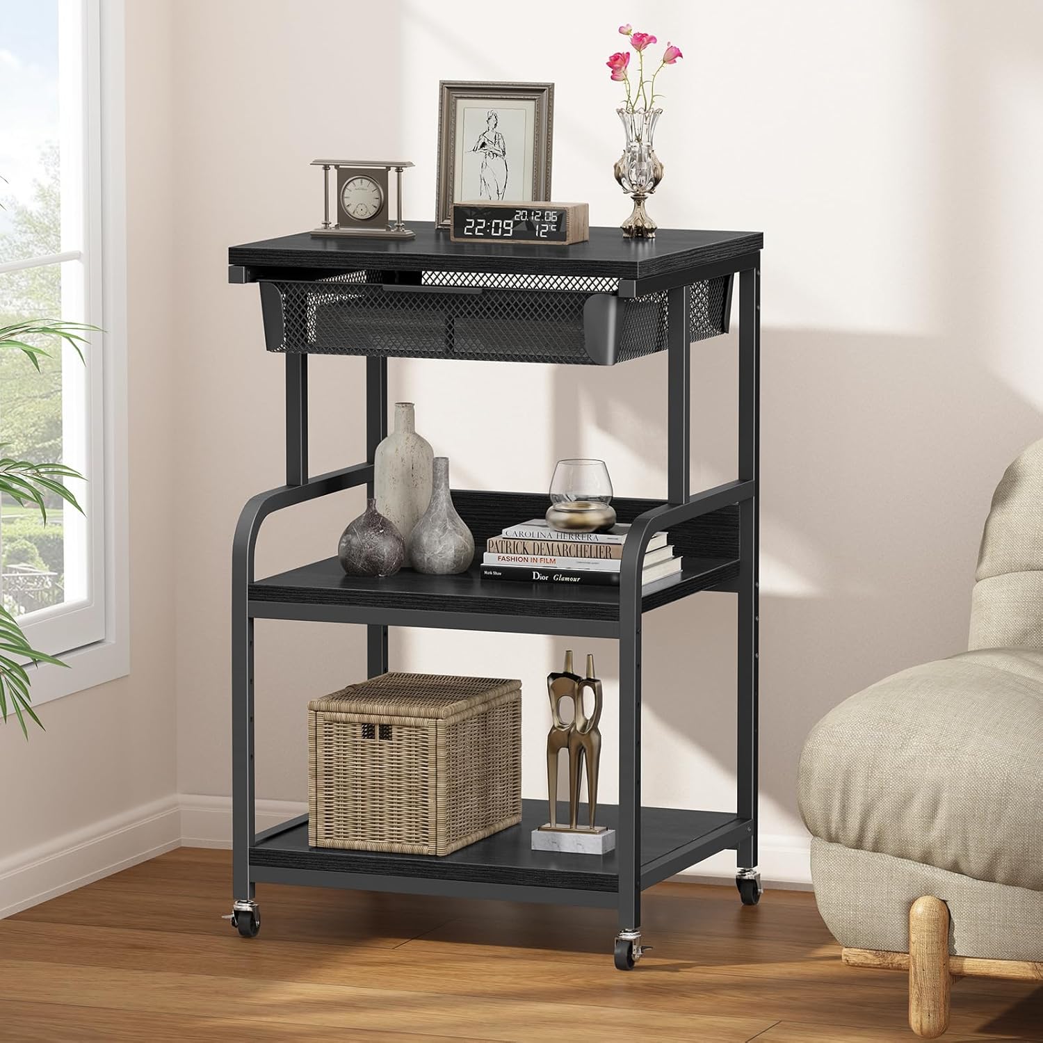 EasyCom Large Printer Stand with Storage Drawer, 5 Adjustable Shelf & 3-Tier Rolling Cart with Industrial Wheels for Desk, Mobile Printer Table for Home Office Fits 3D Printer Scanner Fax Black