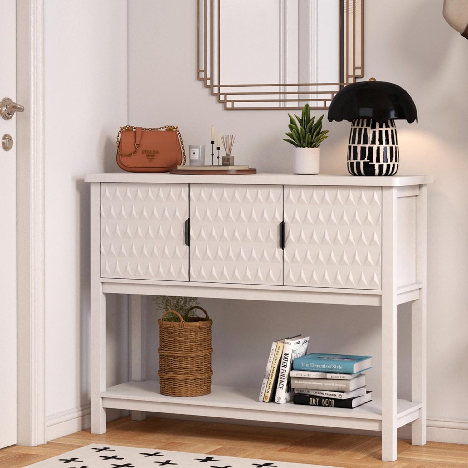 Modern Console Table with 3 Diamond Pattern Doors, Wood Entryway Table with Storage, Behind The Couch Sofa Table for Hallway, Living Room, Foyer, Dining Room, White