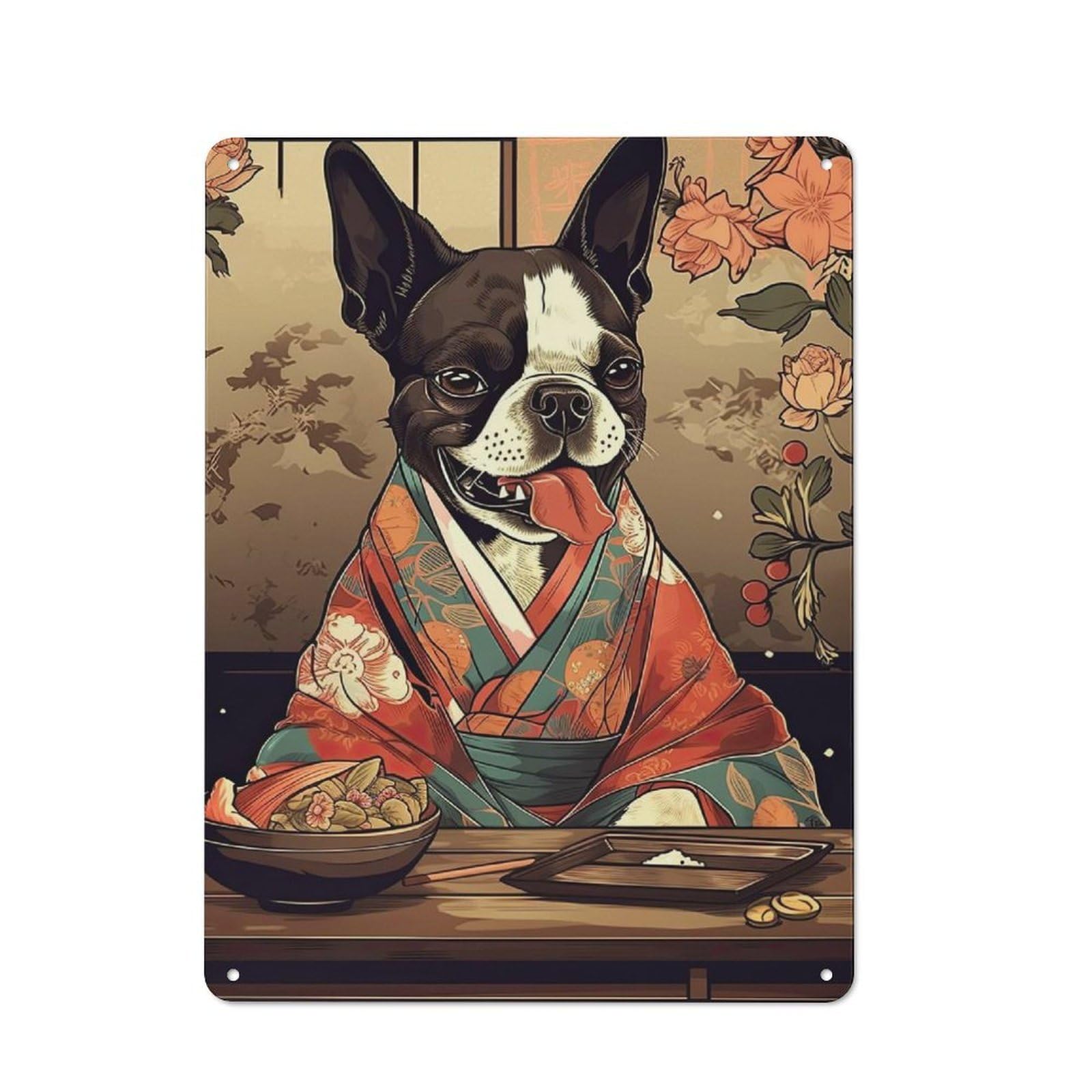 Boston Terrier Eating Food Modern Retro Metal Wall Decor 40x30cm, Metal Wall Sign for Loft, Studio, Office Or Creative Room