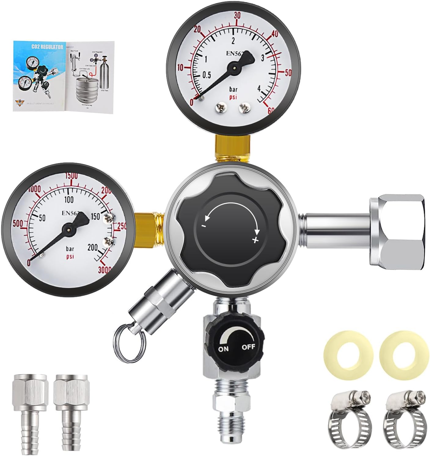 MRbrew CGA-320 Keg Regulator, Quick Disconnect CO2 Kegerator Regulator with Pressure Adjustment Knob, Beer Regulator with Safety Manual Pressure Relief Valve, with 2 Swivel Nut & 1/4’’ & 5/16’’ Barbs