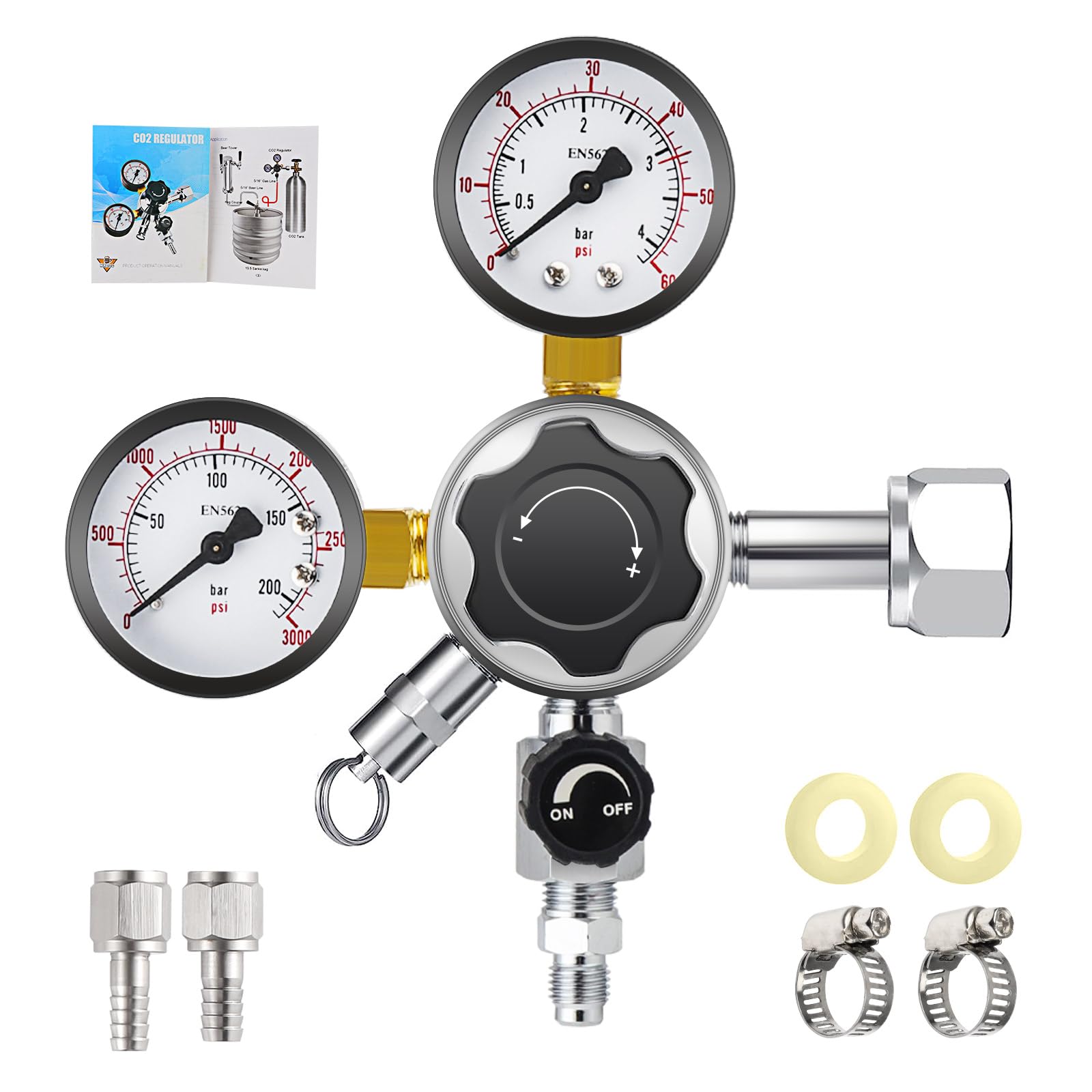 MRbrew CGA-320 Keg Regulator, Quick Disconnect CO2 Kegerator Regulator with Pressure Adjustment Knob, Beer Regulator with Safety Manual Pressure Relief Valve, with 2 Swivel Nut & 1/4’’ & 5/16’’ Barb