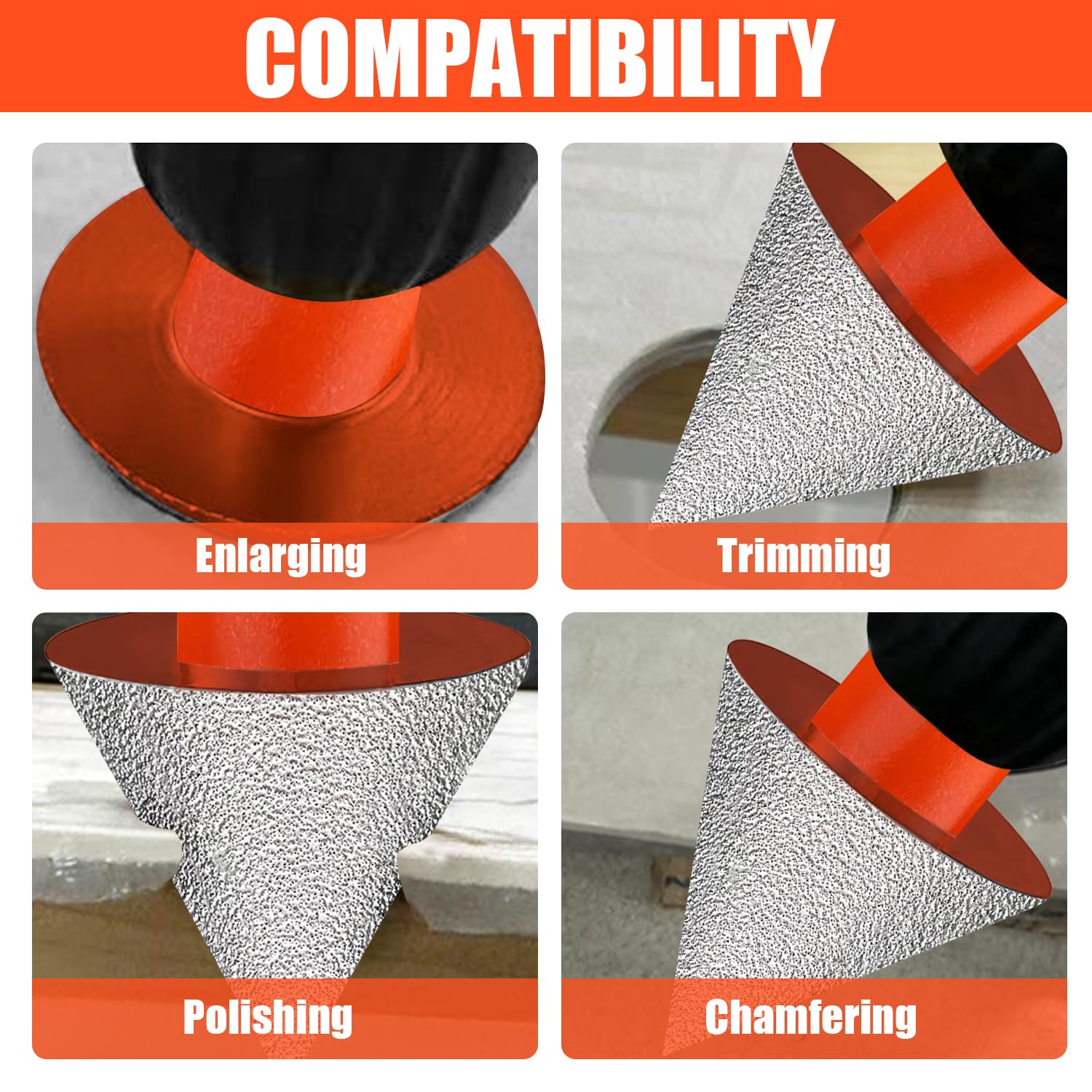Set di 3 punte diamantate per smussatura da 50 mm, con adattatore filettato da 5/8-11", punta diamantata da 25 mm, set di punte per smerigliatrice a cono per piastrelle, per fori esistenti