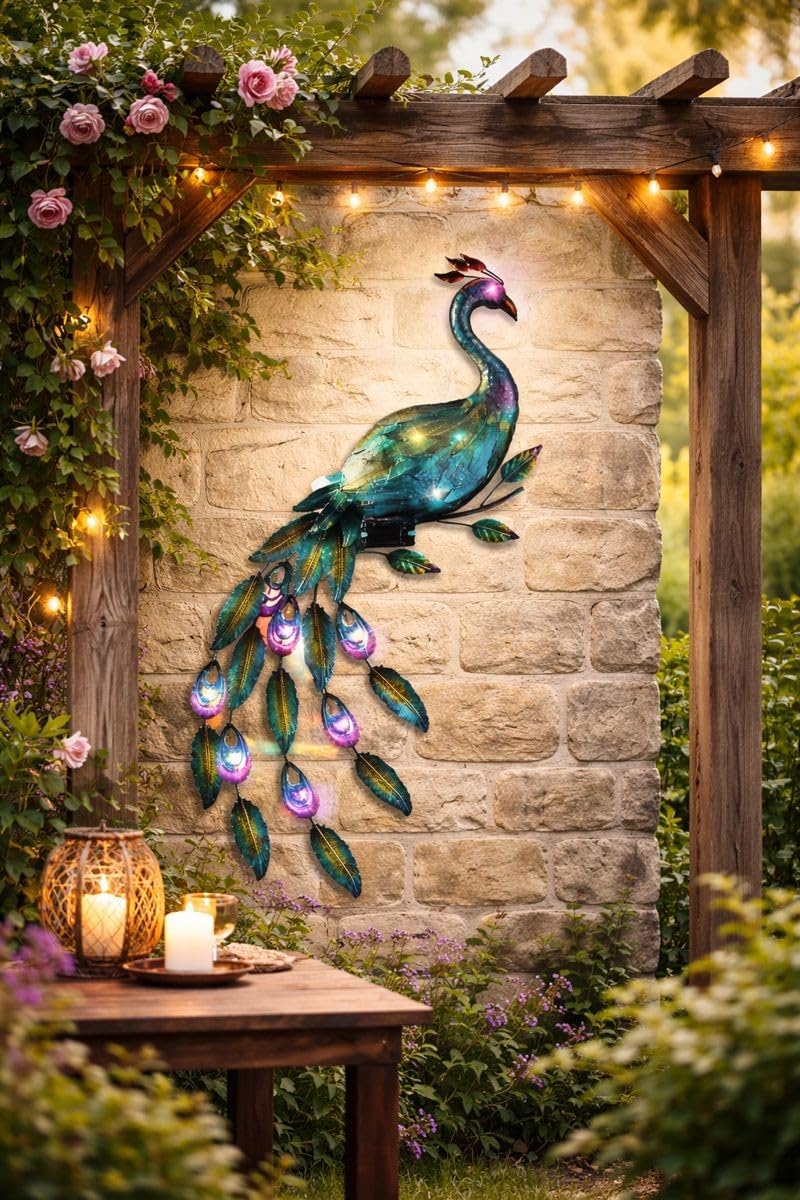 spot on dealz Multi Coloured LED Light Solar Powered Gems Peacock Wall Art Garden Decoration Outdoor Metal Decor