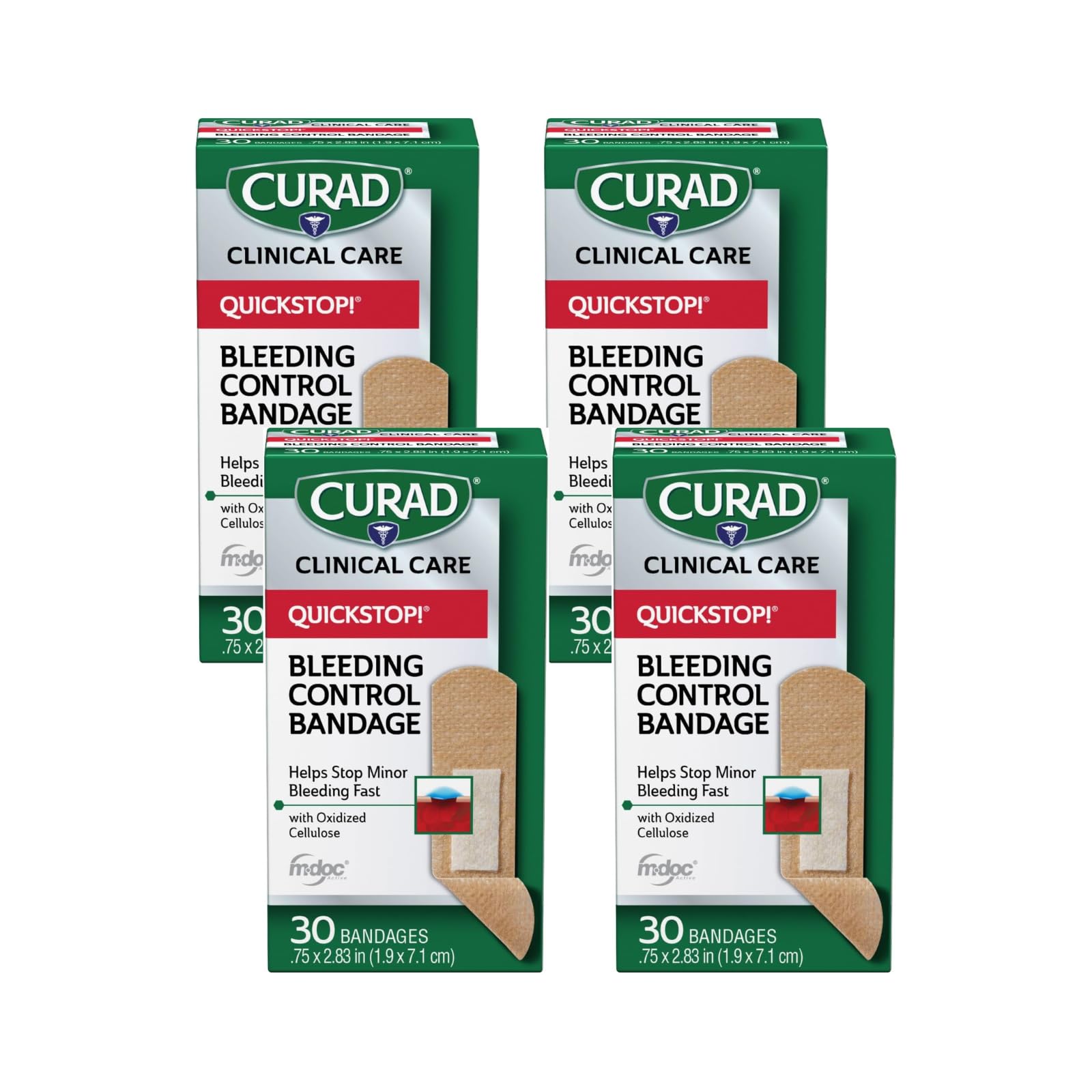 Curad QuickStop Bleeding Control Bandages, Assorted Sizes, 30 Count (Pack of 4)