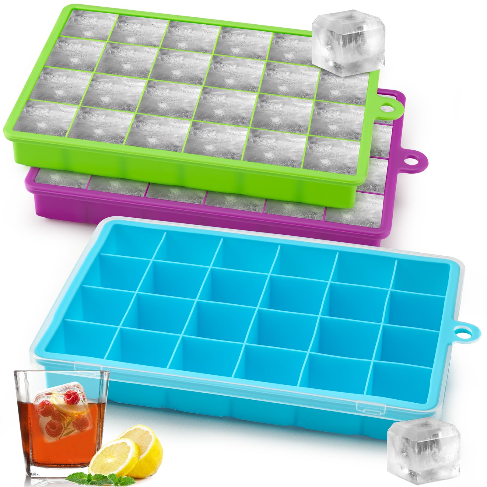 Sinnsally Silicone Ice Cube Trays,24 Square Ice Cube Tray with Lid,3 Pack Ice Cube Moulds Set,Ice Molds Maker Silicone,Large Ice Trays for Whiskey Freezer Containers,BPA Free