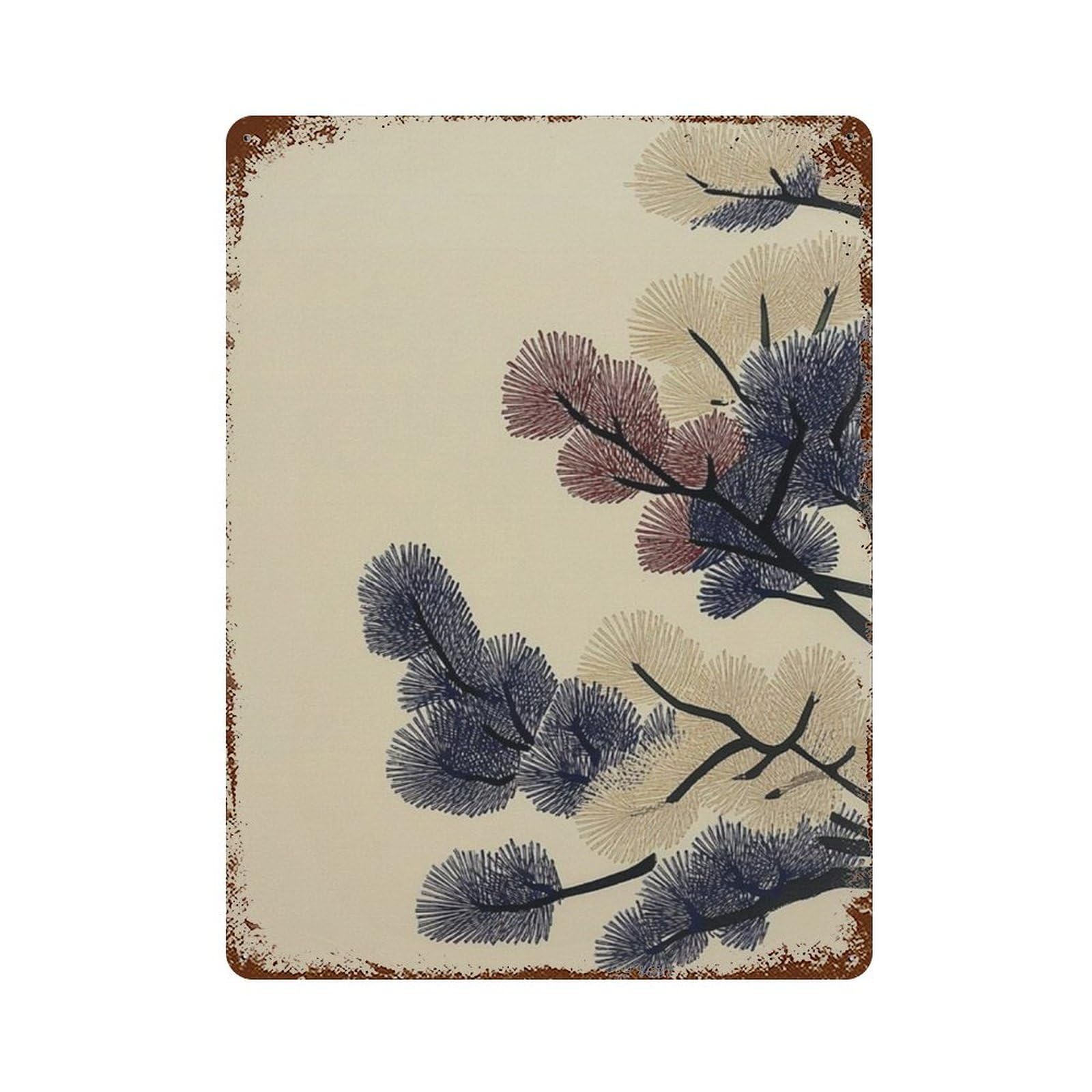 xiaoxiaoshen Japanese Pine Branch Woodblock Style Botanical Wall Decor Art Metal Tin Poster Modern Home Decor Art Home Bar Shop Decorations Vintage Sign 40x30cm