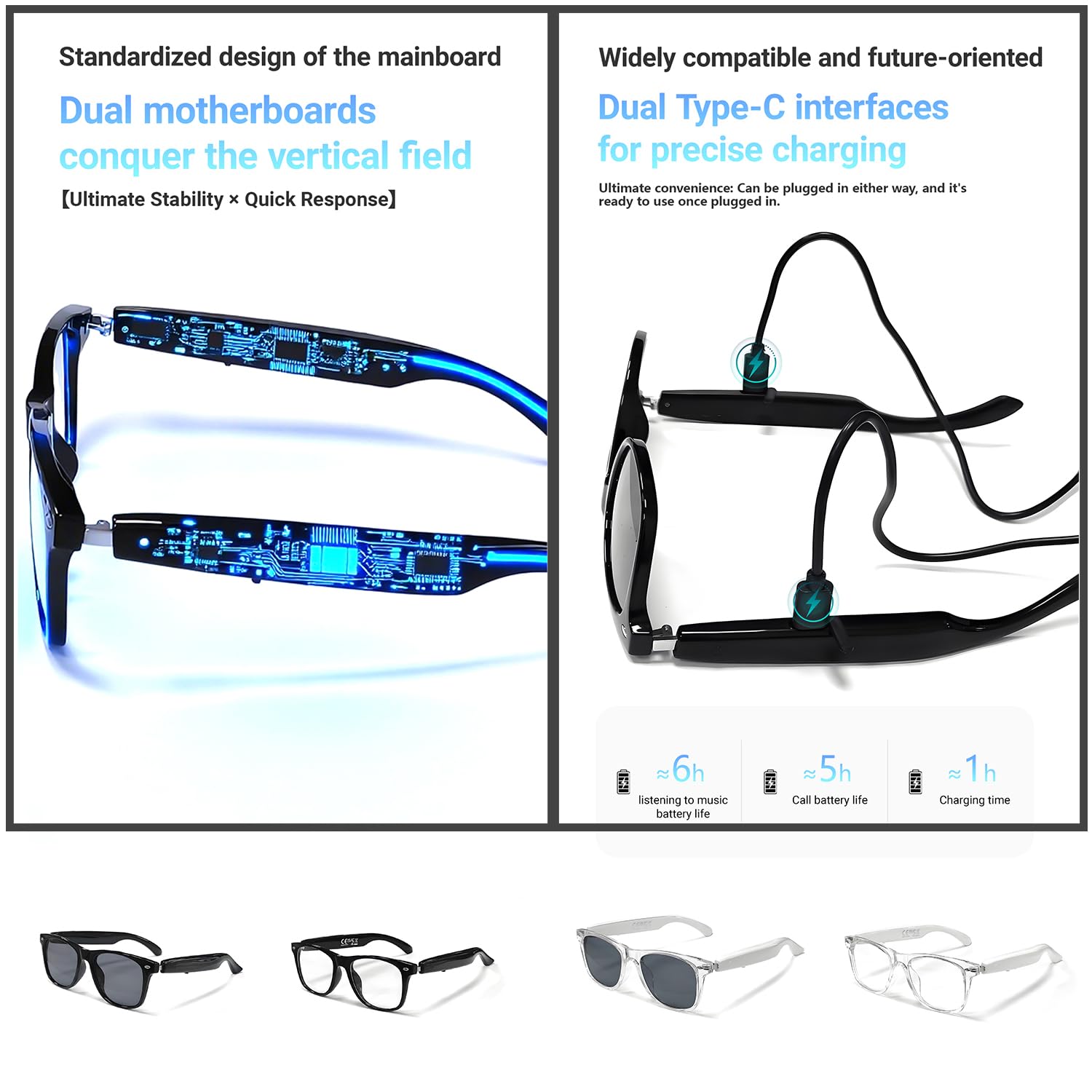 LONGLU Lunettes intelligentes – Traduction IA en temps réel via application, appels Bluetooth 5.4/musique, contrôle tactile léger, lumière bleue et protection UV (monture noire – lentille grise)