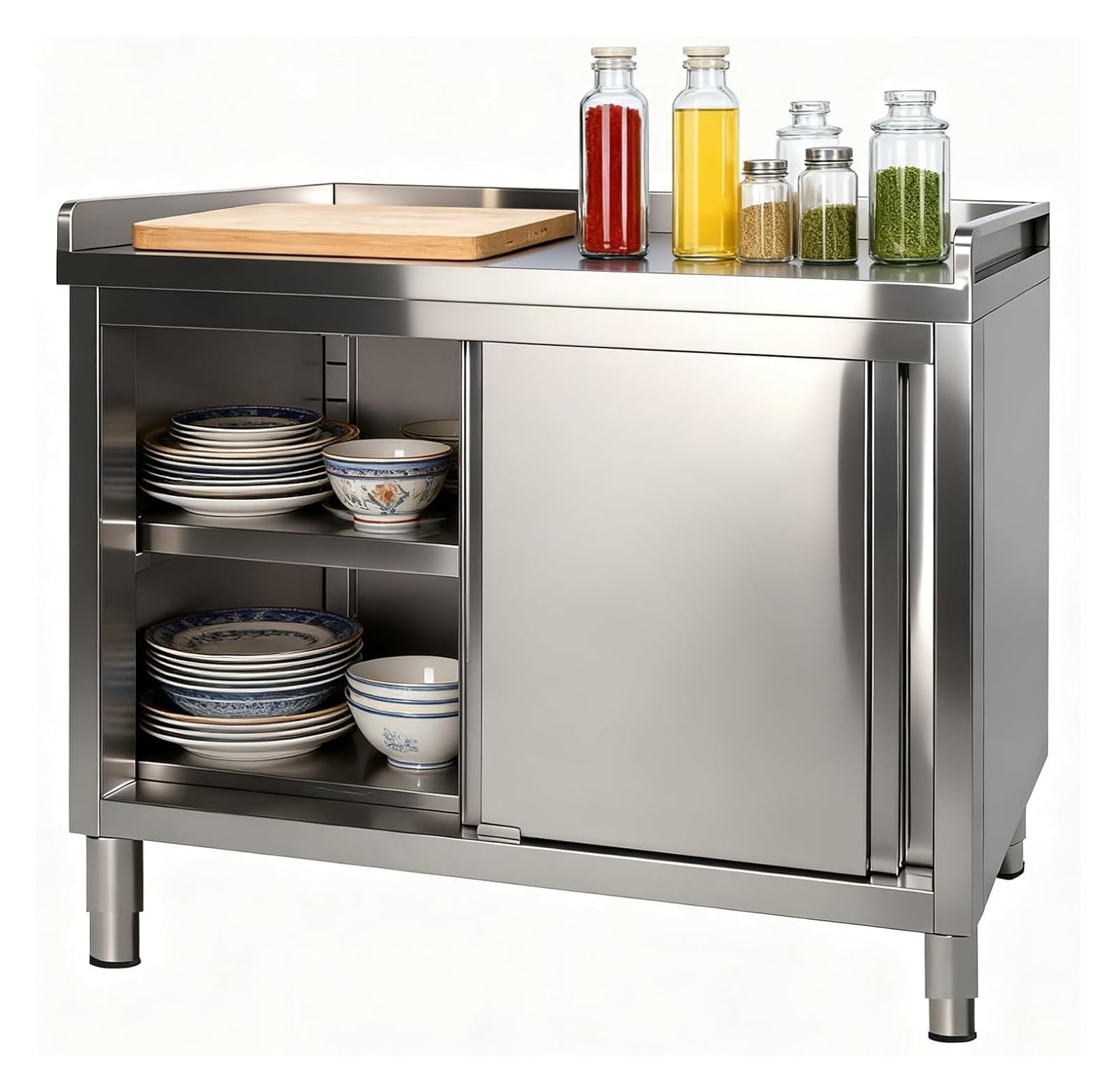 Tavolo da lavoro in acciaio inox con armadietto deflettore, panca da cucina commerciale con ante scorrevoli per preparazione, resistente, per ristorante, garage (150 x 50 x 80 cm)