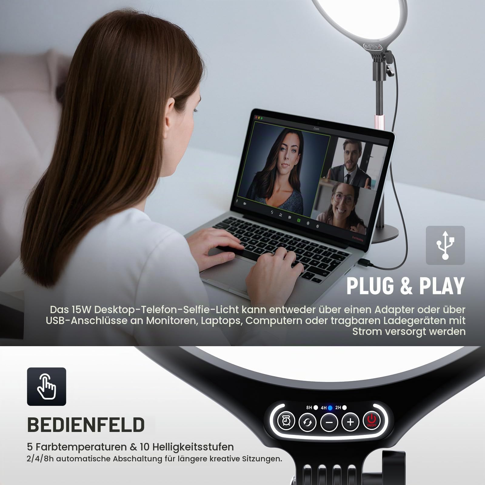 NEEWER Basics 10,5" Tischringlicht mit Ständer Handyhalterung Timer, Vollbild 15W dimmbar LED Selfie Panel Beleuchtung für iPhone Aufnahmen Streaming Laptop Videokonferenzen, Nur Strom über USB A, R10