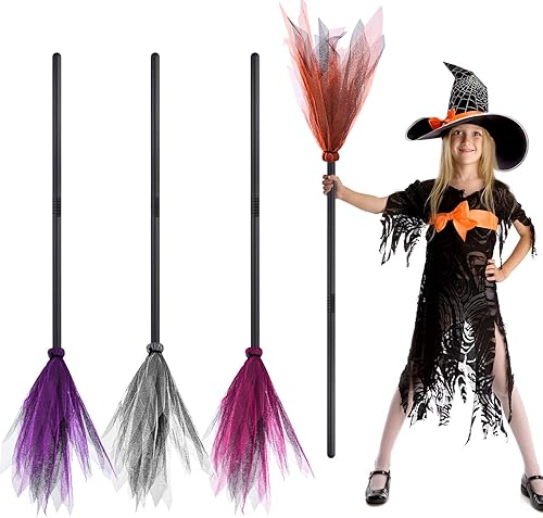 FEPITO 4 piezas de escoba de bruja de Halloween, accesorios de disfraz de bruja malvada, decoración de bruja, escoba para fiesta de disfraces de