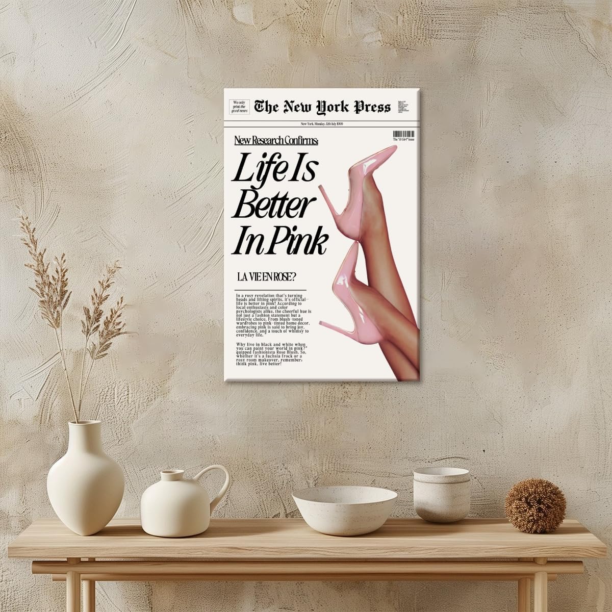 Trendy Baby Pink Poster 70s Canvas Prints The New York Press Wall Art Life Is Better in Pink Hot Girl Posters Preppy Aesthetic Decor Bedroom for Cool Girly Room Home Dorm 12x16inch Framed