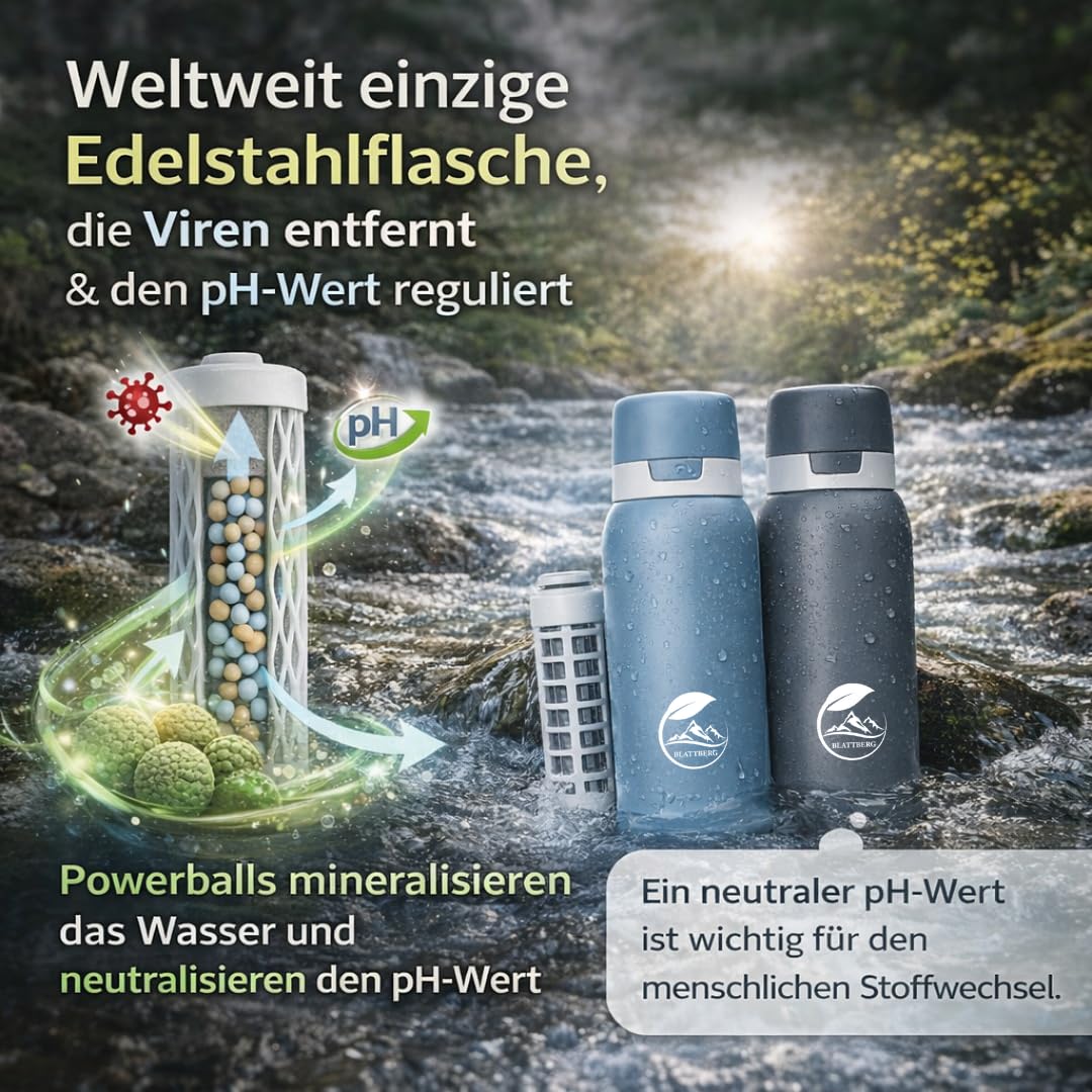 Botella de filtro de agua para exteriores de acero inoxidable [740 ml] + bolsa de transporte + bolas minerales – Accesorios de camping, equipo de supervivencia, botella con filtro –