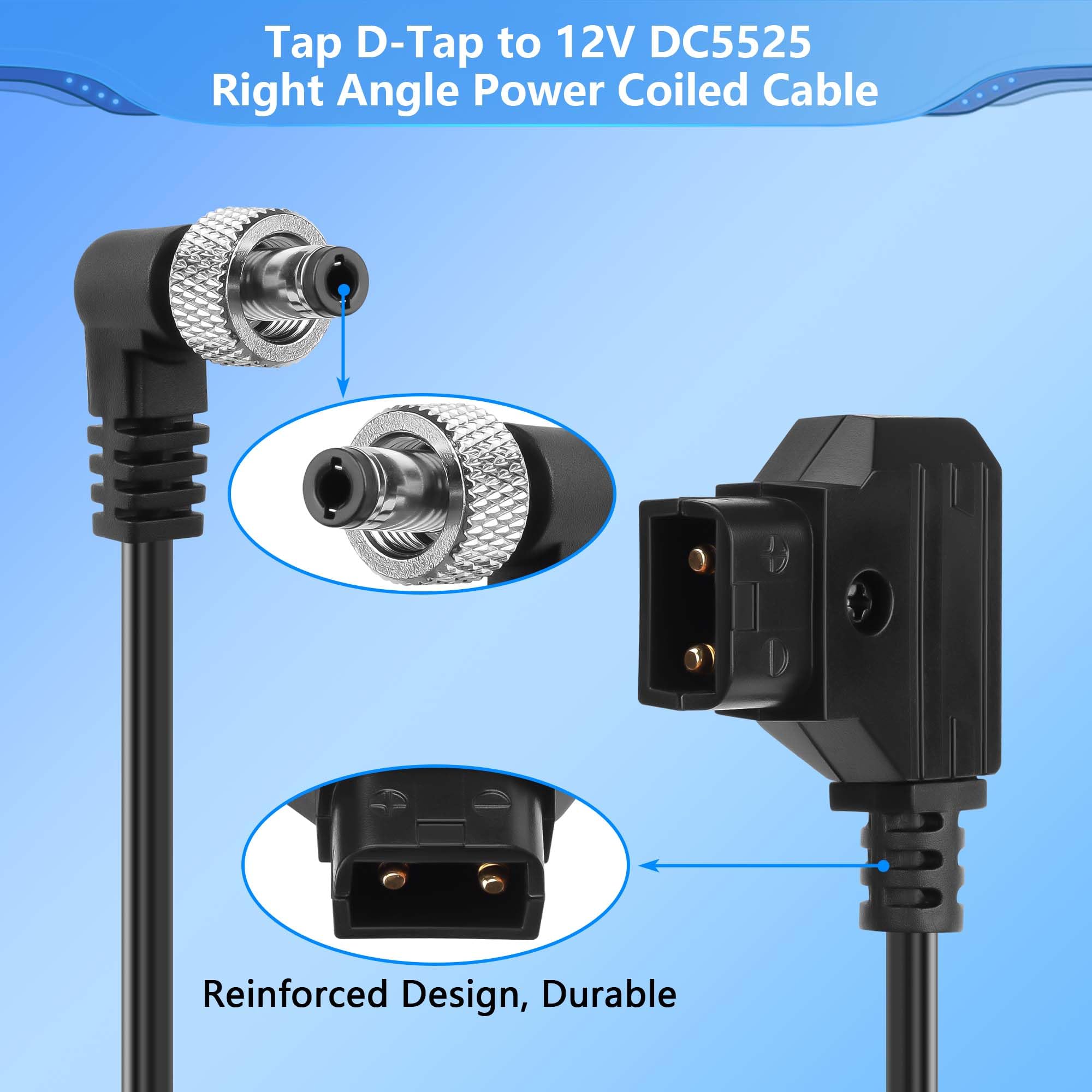 CERRXIAN D-Tap to Locking Right Angled DC 12V Coiled Cable,Replacement Dtap to 12V DC5525 Barrel Jack Cable for Anton Bauer KIPRO LCD - Image 2