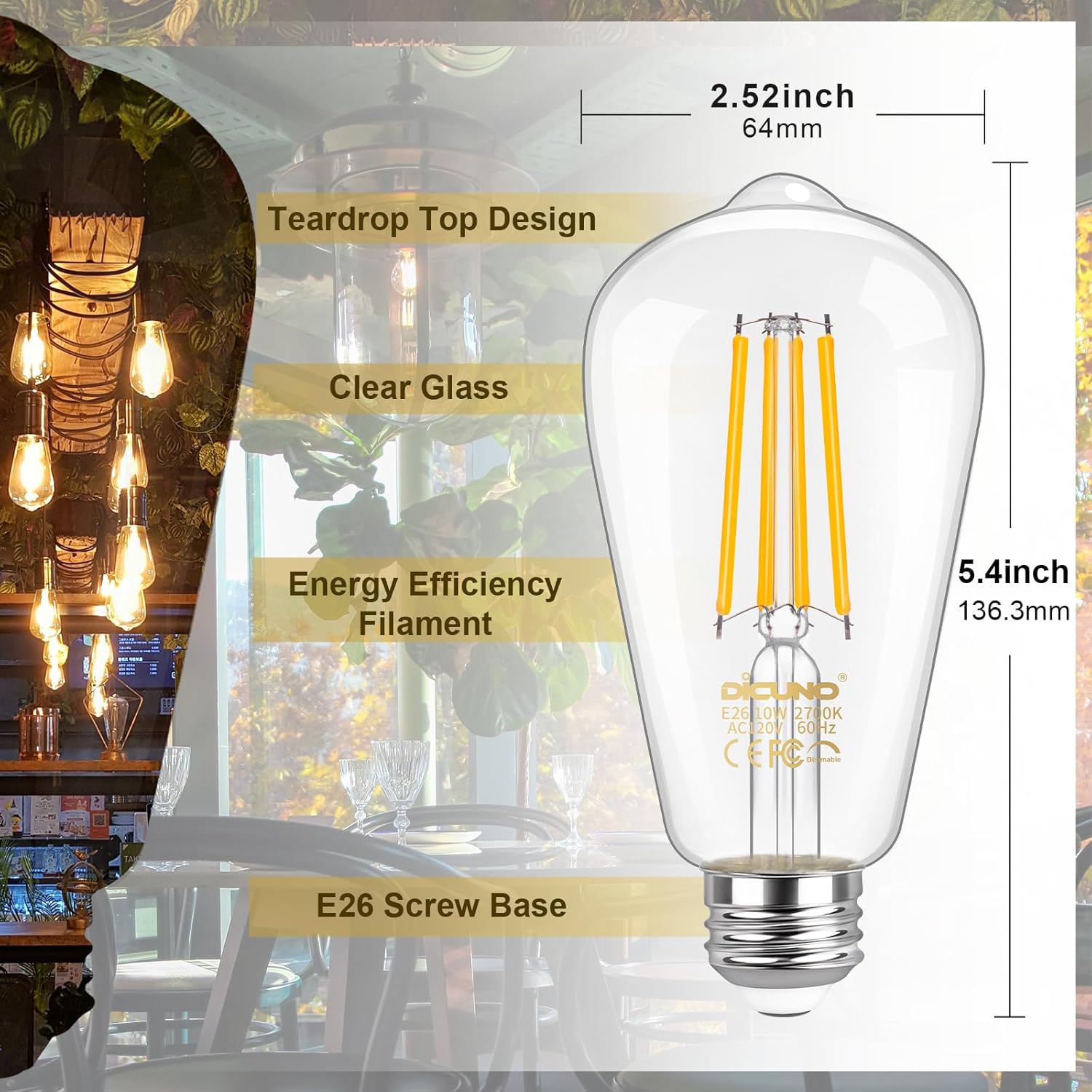 DiCUNO Dimmable Edison Bulbs 100W Equivalent, LED Edison Bulb, Warm White 2700K, 10W, 1200LM, Vintage ST64 Filament Light for Bathroom, Kitchen, Decorative Lighting, 2-Pack