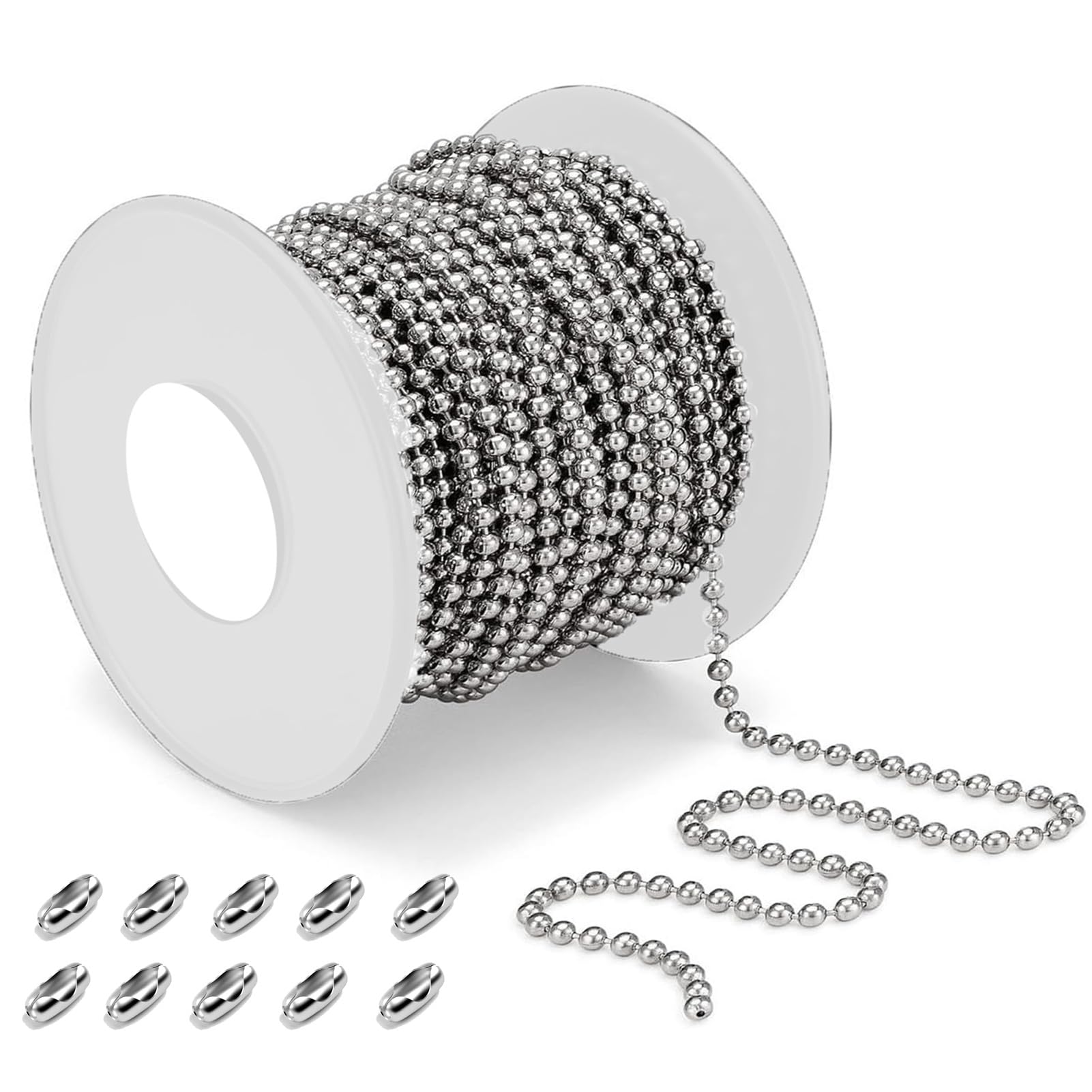 Cadena de bolas de acero inoxidable de 4,5 mm para persianas y cortinas con 10 conectores (33 pies)