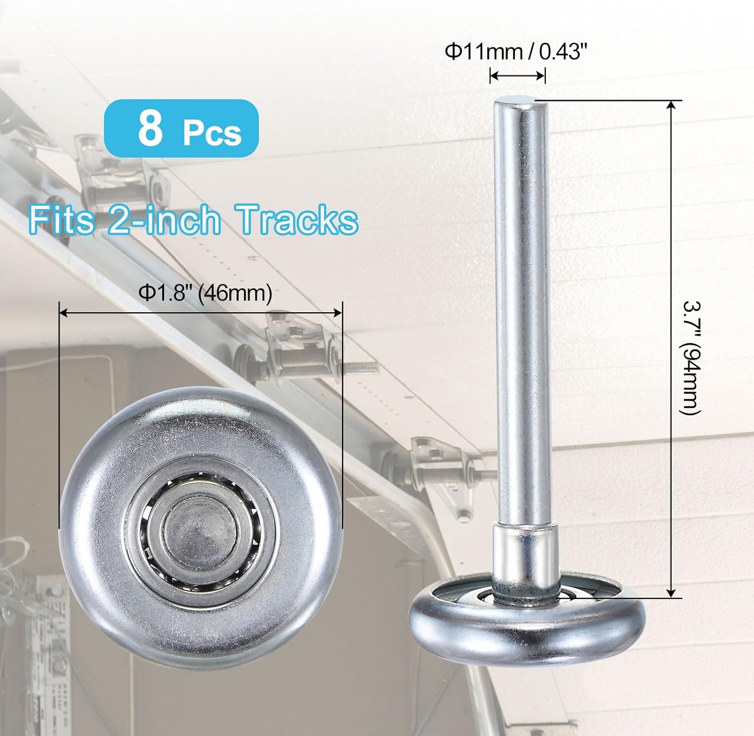 uxcell 8pcs 1.8" Zinc-Plated Steel Garage Door Rollers for 2" Garage Track, 3.7" Long Stem Quiet Garage Door Wheels, 10 Ball Bearings, Silver