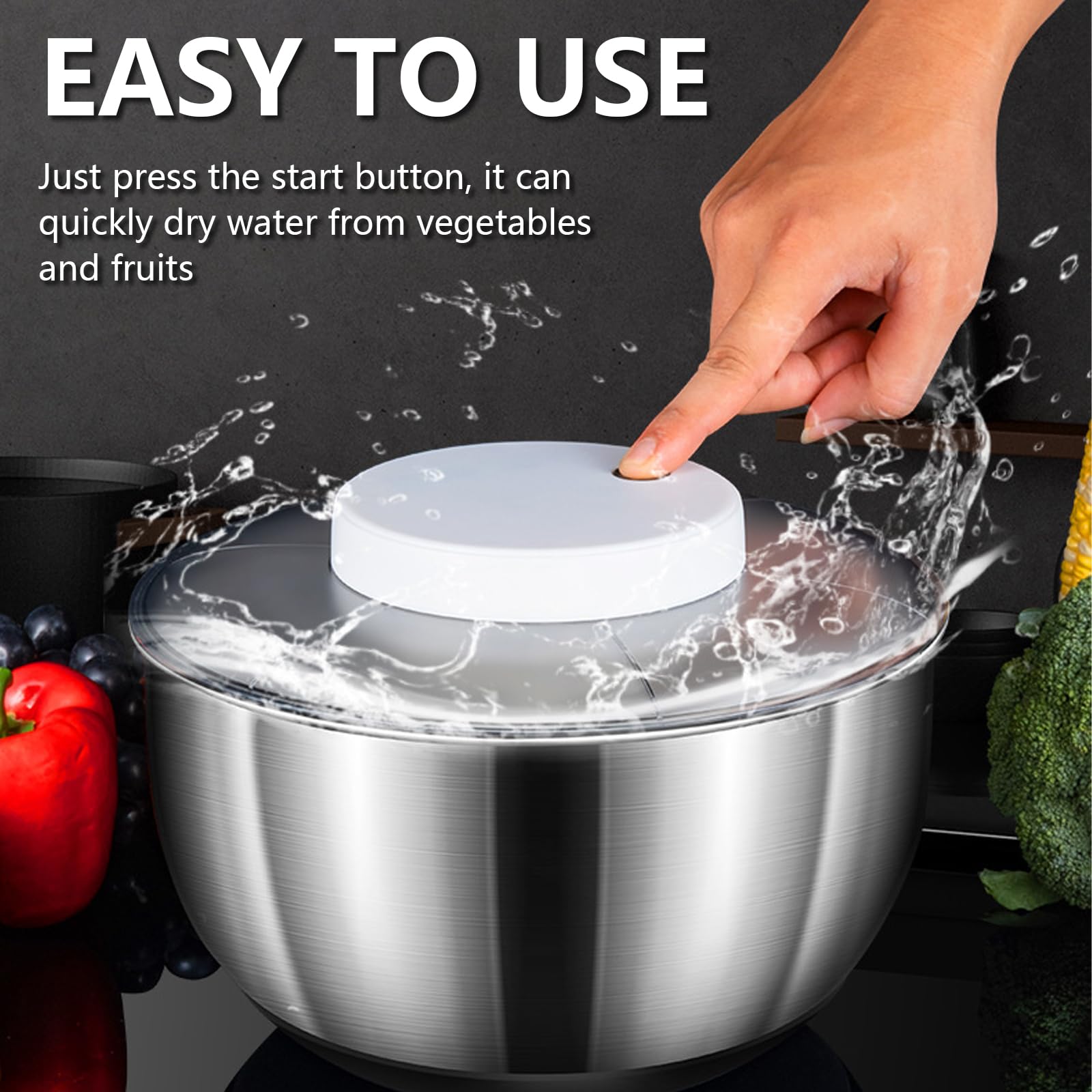 Centrifuga per Insalata, Centrifuga per Lattuga Automatica da 4,8 Litri, Asciuga Insalata Centrifuga di Grande Capacità in Acciaio Inossidabile, Elettrico USB Drenare Rapidamente Lava Insalata per Fru