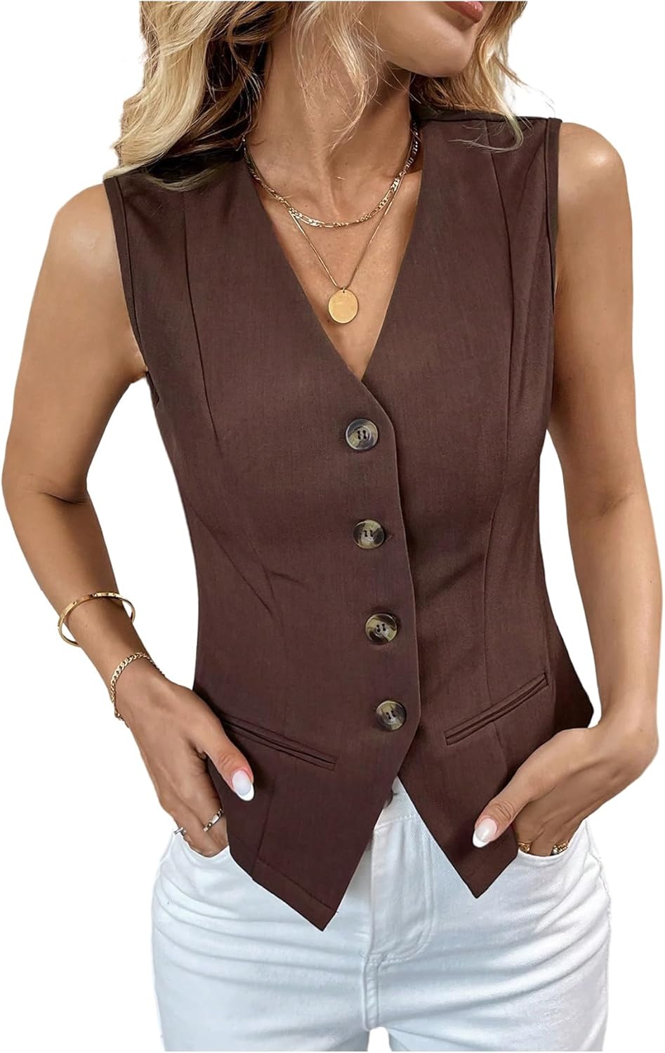 Floerns Women's Button Down Sleeveless Blazer V Neck Office Work Classy Suit Vest