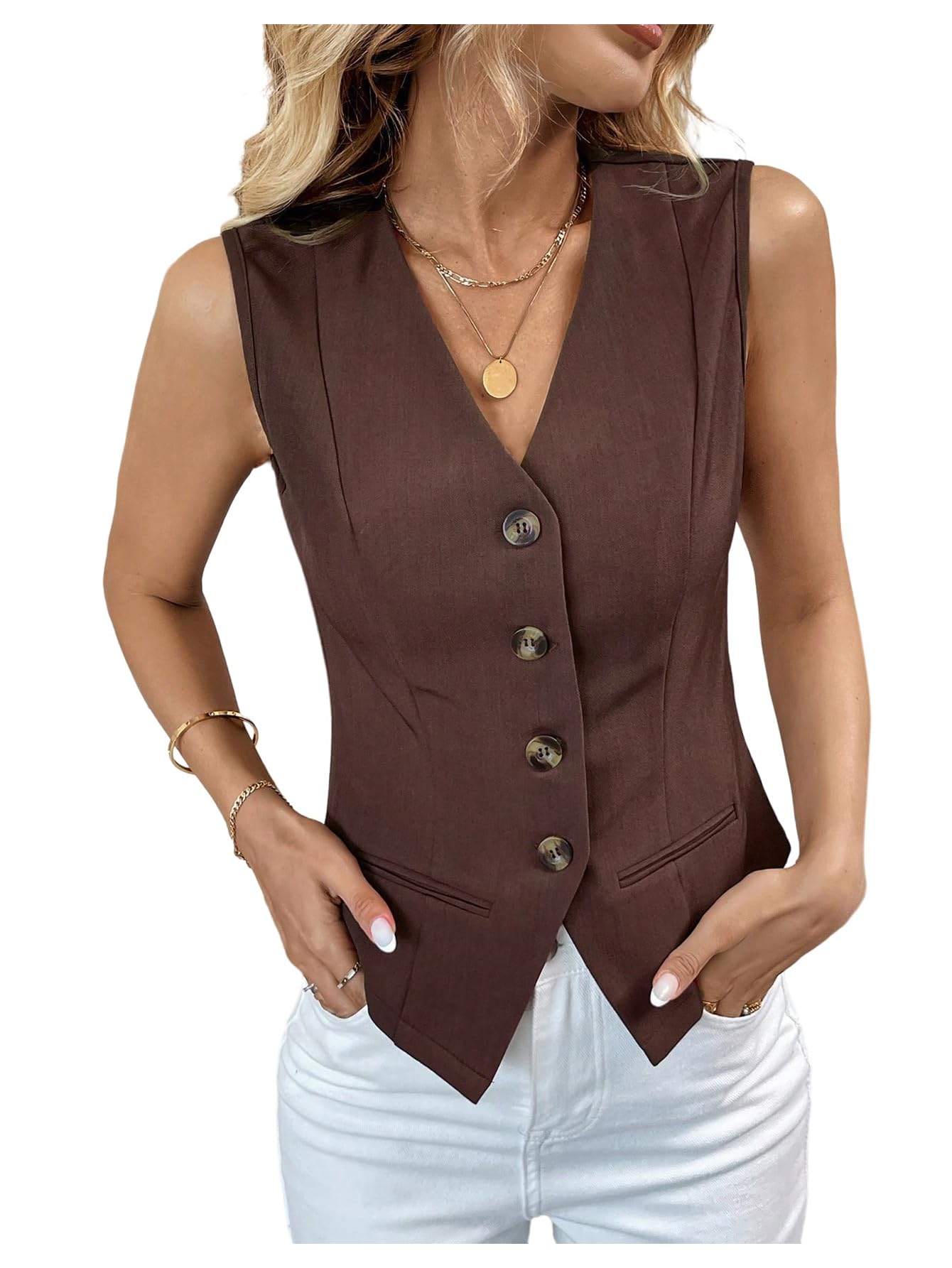 Floerns Womens Button Down Sleeveless Blazer V Neck Office Work Classy Suit Vest