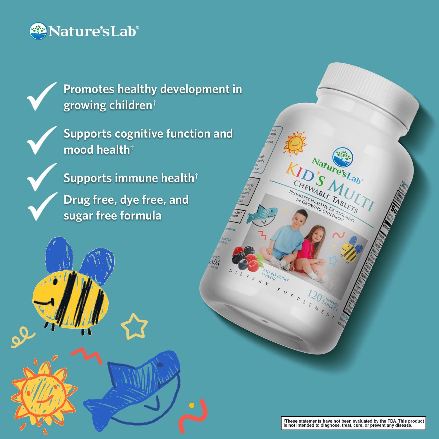 Nature's Lab Kid's Multi Natural Chewable Vitamins - Complete Children's Multivitamin with Iron, Magnesium, Zinc & Calcium - Mixed Berry Flavor - 120 Tablets for Ages 2+ - Image 2