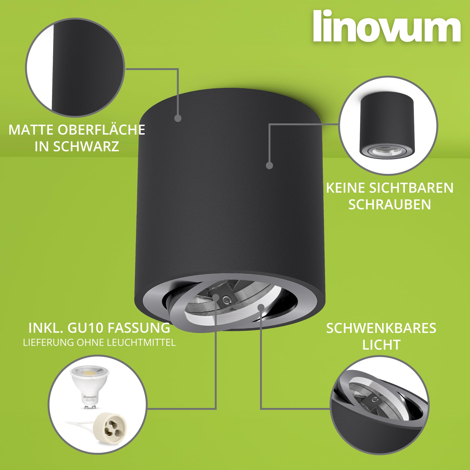4 sztuki linovum CORI lampy do zabudowy okrągłe w kolorze czarnym szczotkowanym w zestawie – obrotowe oświetlenie natynkowe odpowiednie do modułów GU10 i LED