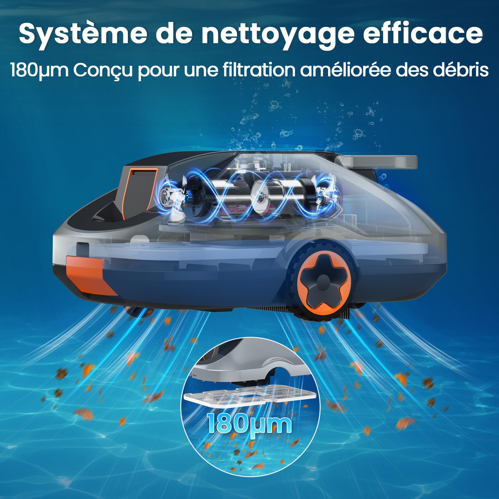 Robot Piscine sans Fil, Robot aspirateur Piscine sans Fil, 200Min d’Autonomie, Retour Automatique, Filtration Ultra-Fine, Navigation Intelligente, Compact et Portable pour Piscines Hors Sol 232 m²