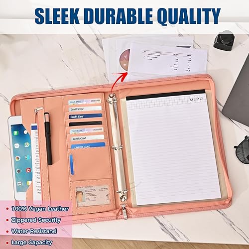 Miniatura 5 de Deziliao Folio organizador de documentos marrón, cartera de negocios de piel sintética de 10.4 pulgadas con cremallera, planificador de negocios,